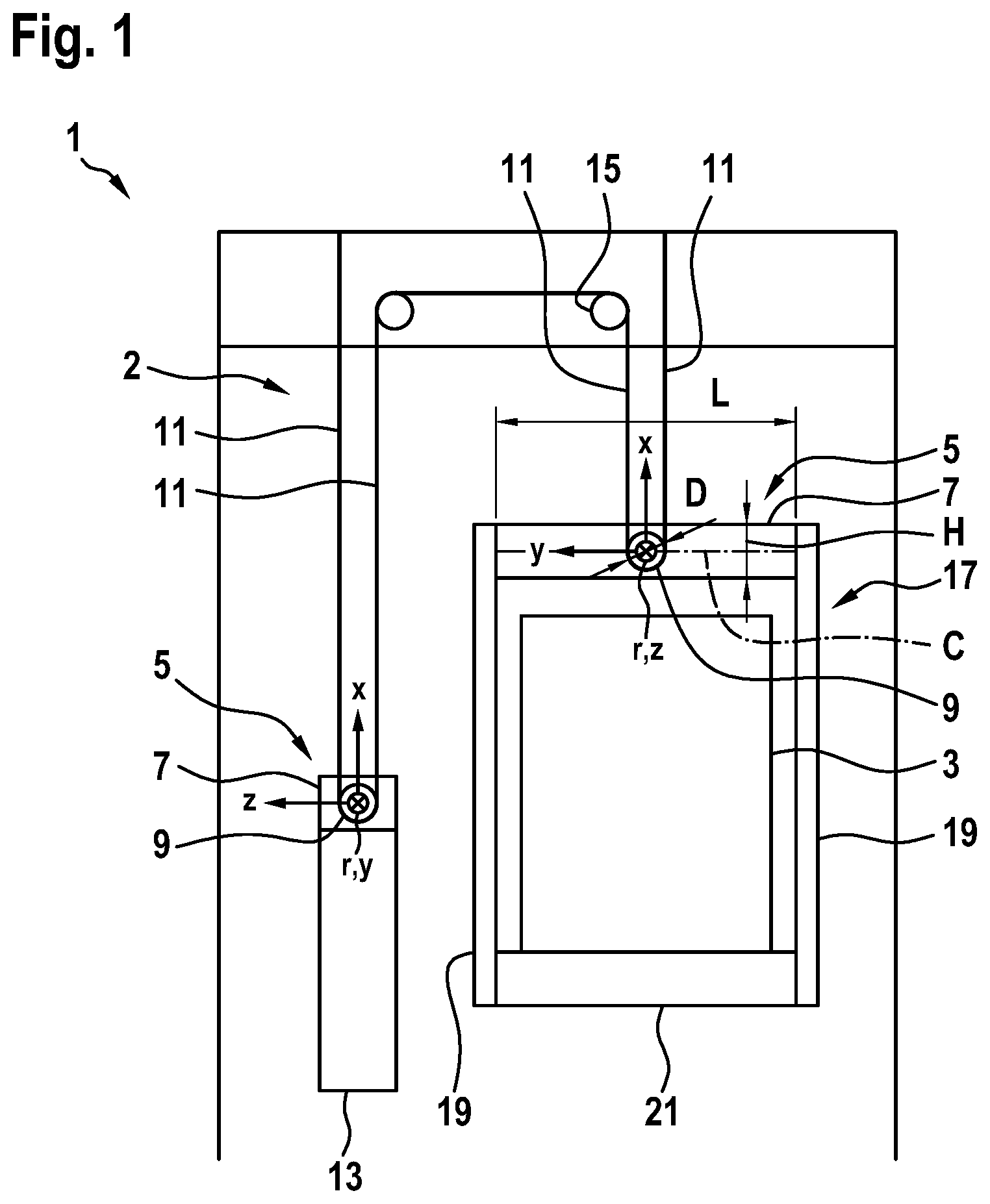 Patent US11814264 Figure 1 – Yoke assembly for suspending an elevator car or a counterweight in a shaft of an elevator