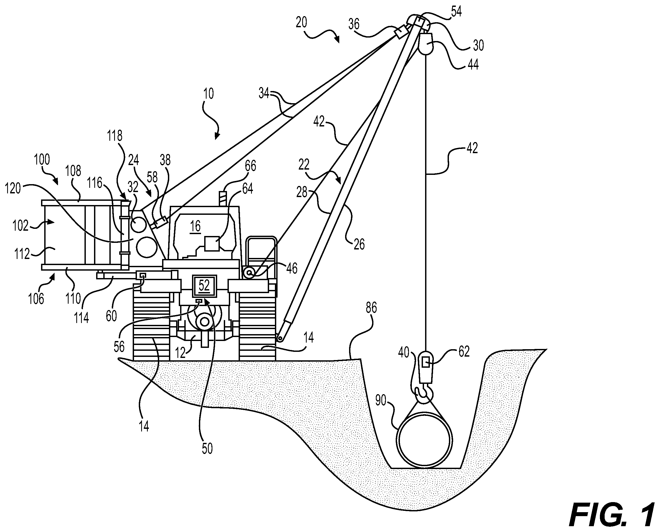 Patent US11814269 Figure 1 – Counterweight system for lifting machines