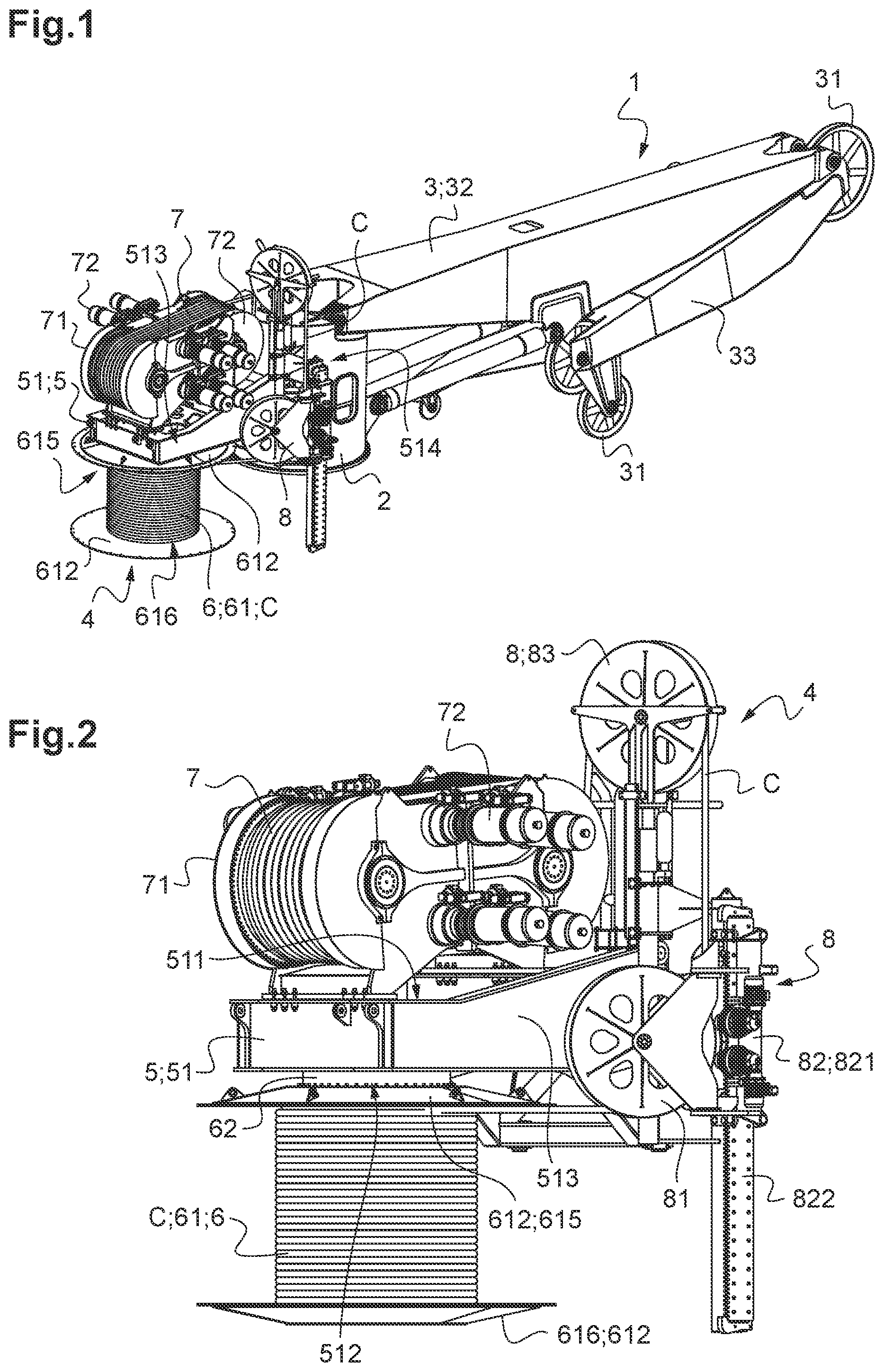Patent US11814271 — System for the storage and traction of a cable, in particular a synthetic cable fitted to an offshore crane — Figure 1