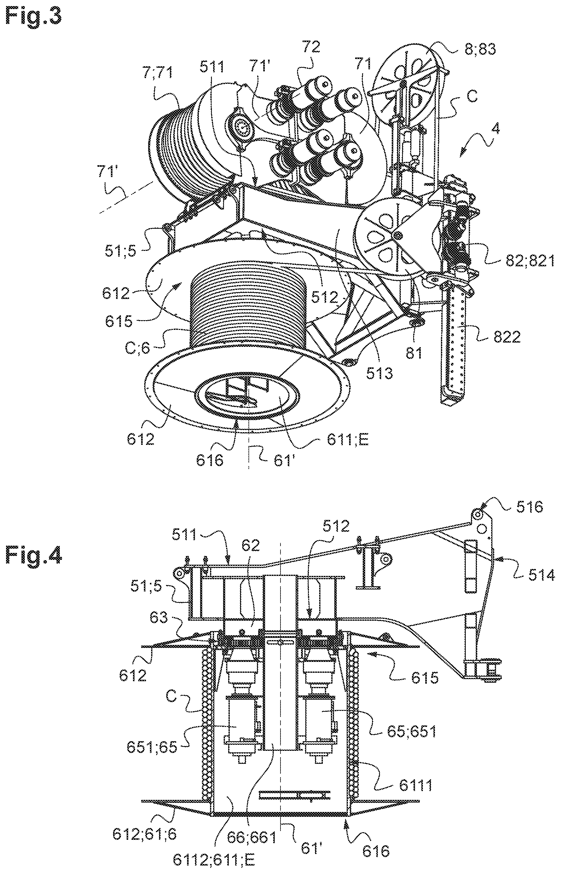 Patent US11814271 Figure 2 – System for the storage and traction of a cable, in particular a synthetic cable fitted to an offshore crane