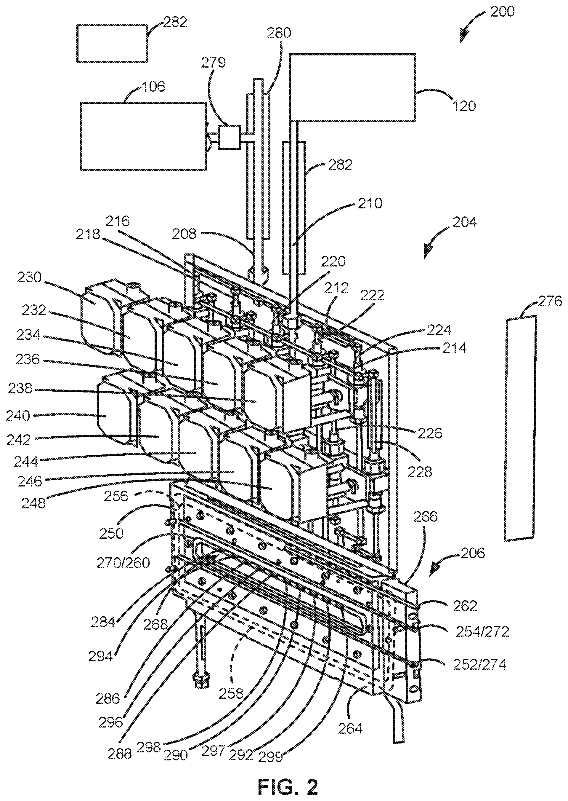 Patent US11814747 Figure 2 – Gas-phase reactor system-with a reaction chamber, a solid precursor source vessel, a gas distribution system, and a flange assembly