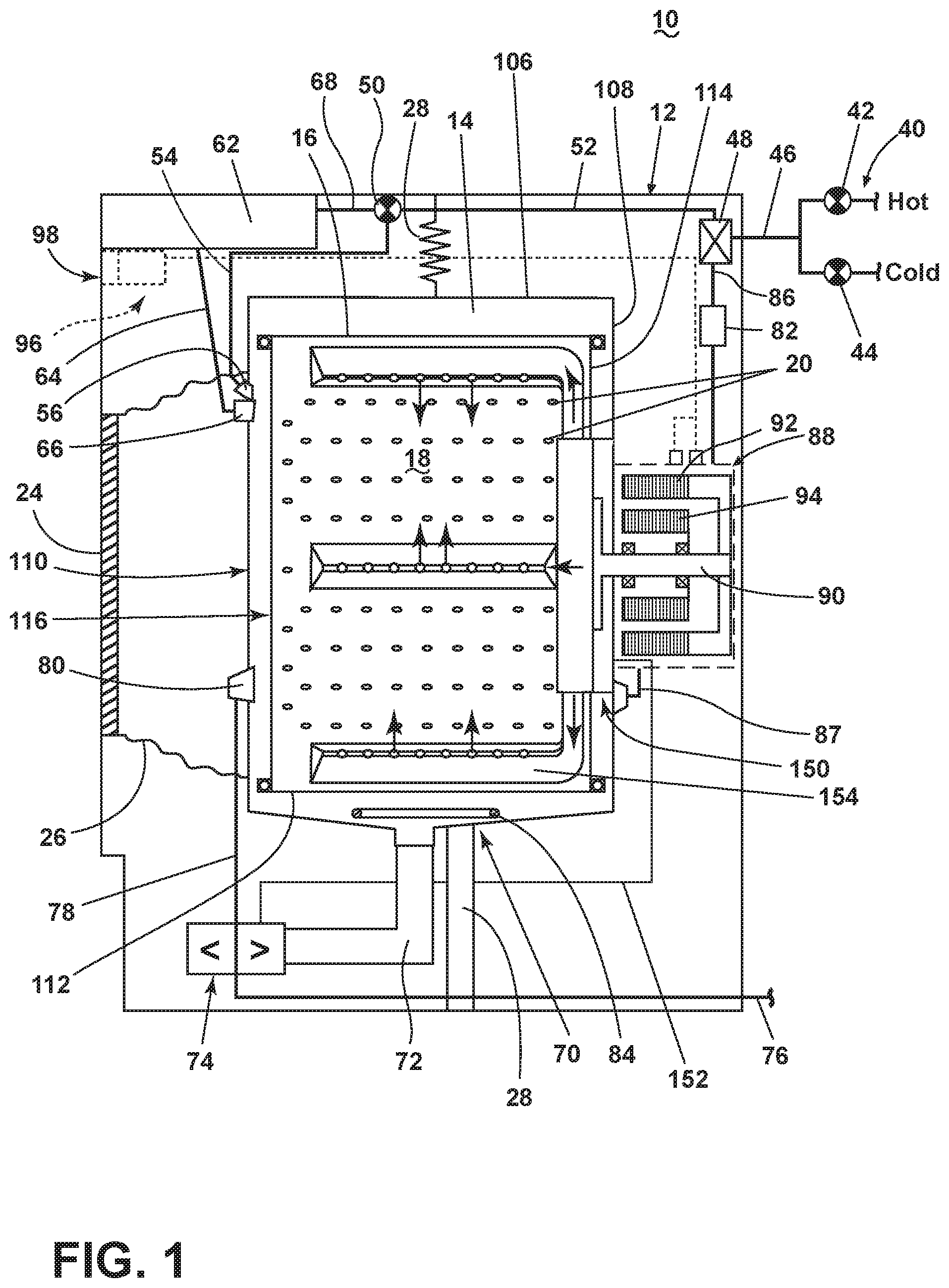 Patent US11814767 Figure 1 – Laundry treating appliance having a liquid distribution assembly