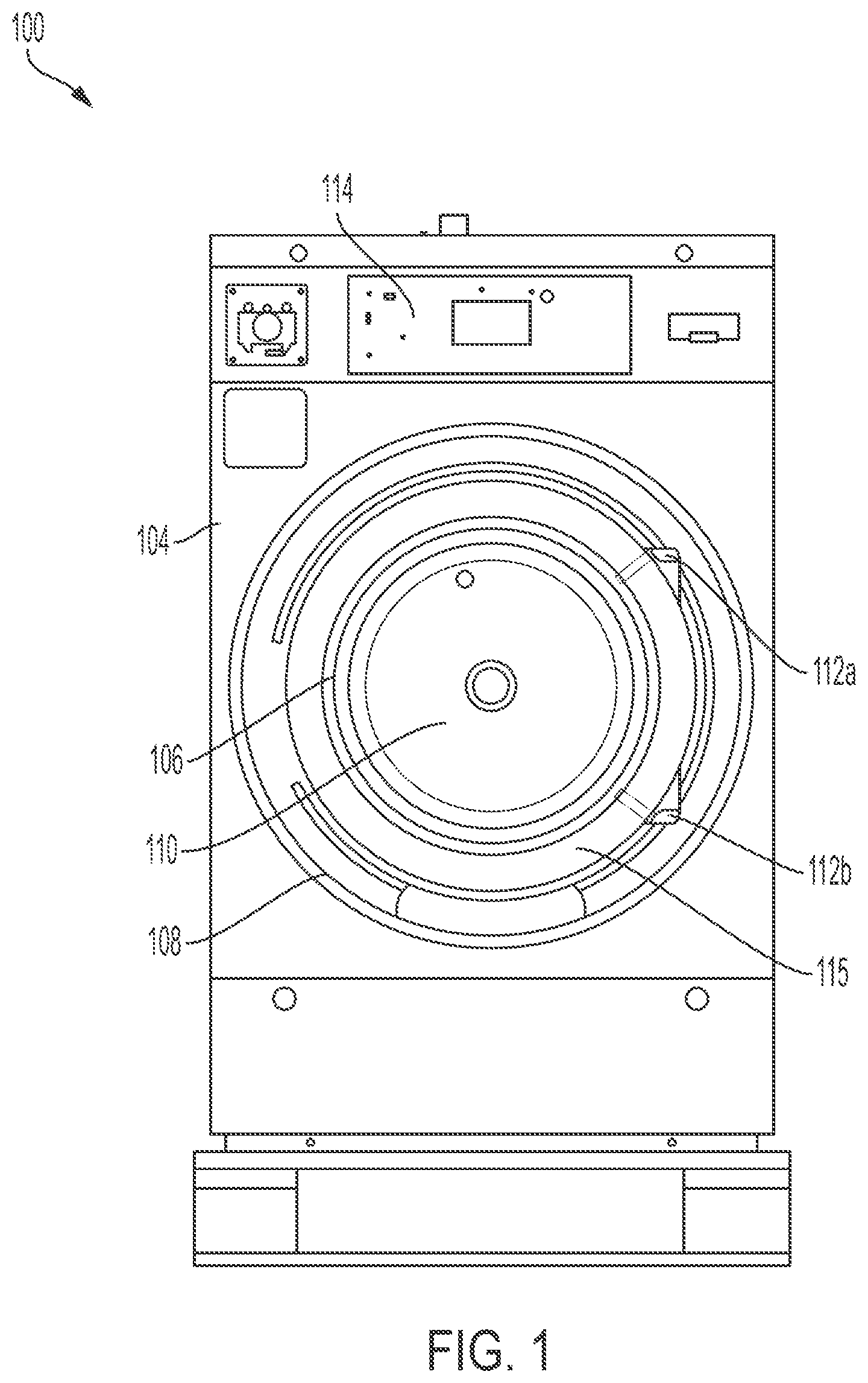 Patent US11814777 Figure 1 – Hinge system for touchless commercial appliances