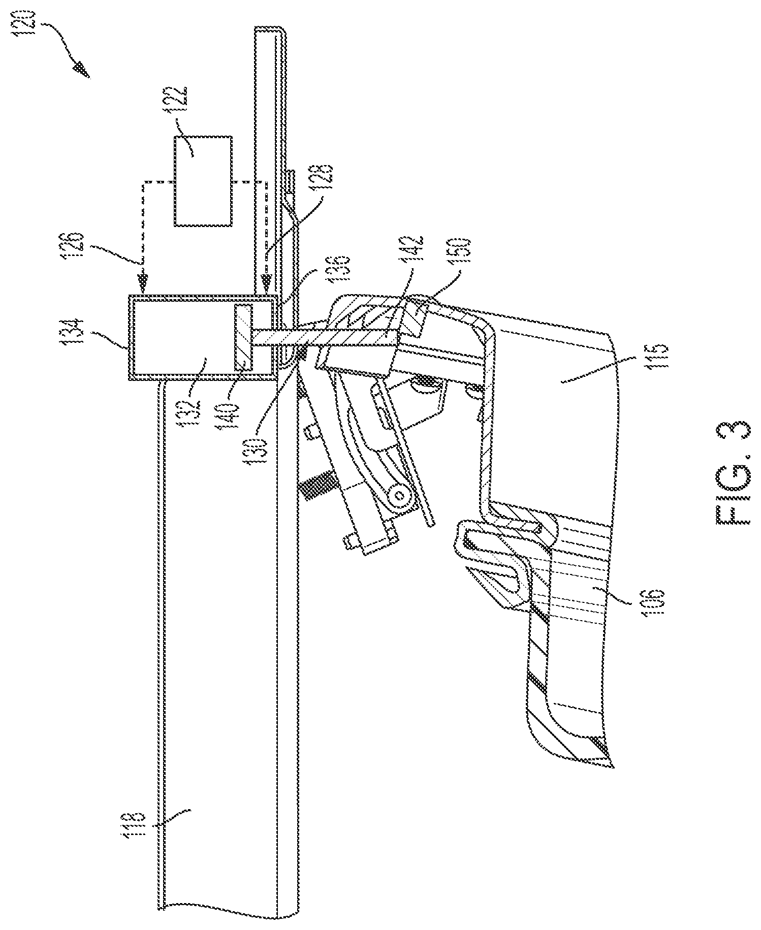 Patent US11814777 Figure 3 – Hinge system for touchless commercial appliances
