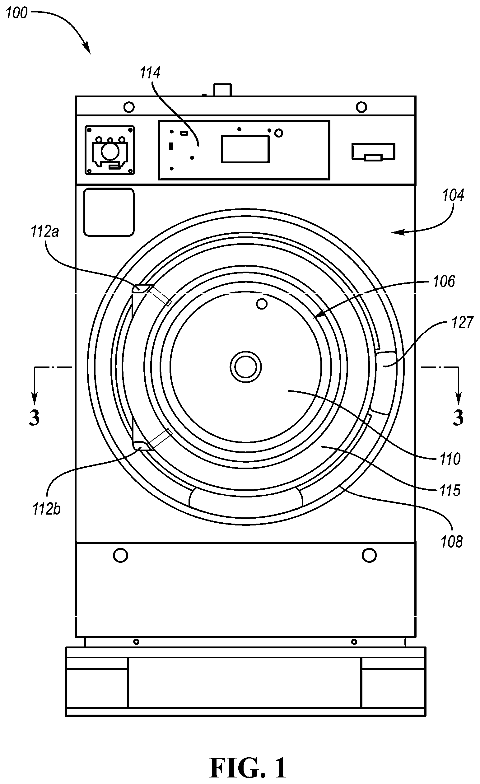 Patent US11814778 — Venting latch assembly for front-loading washing machine — Figure 1
