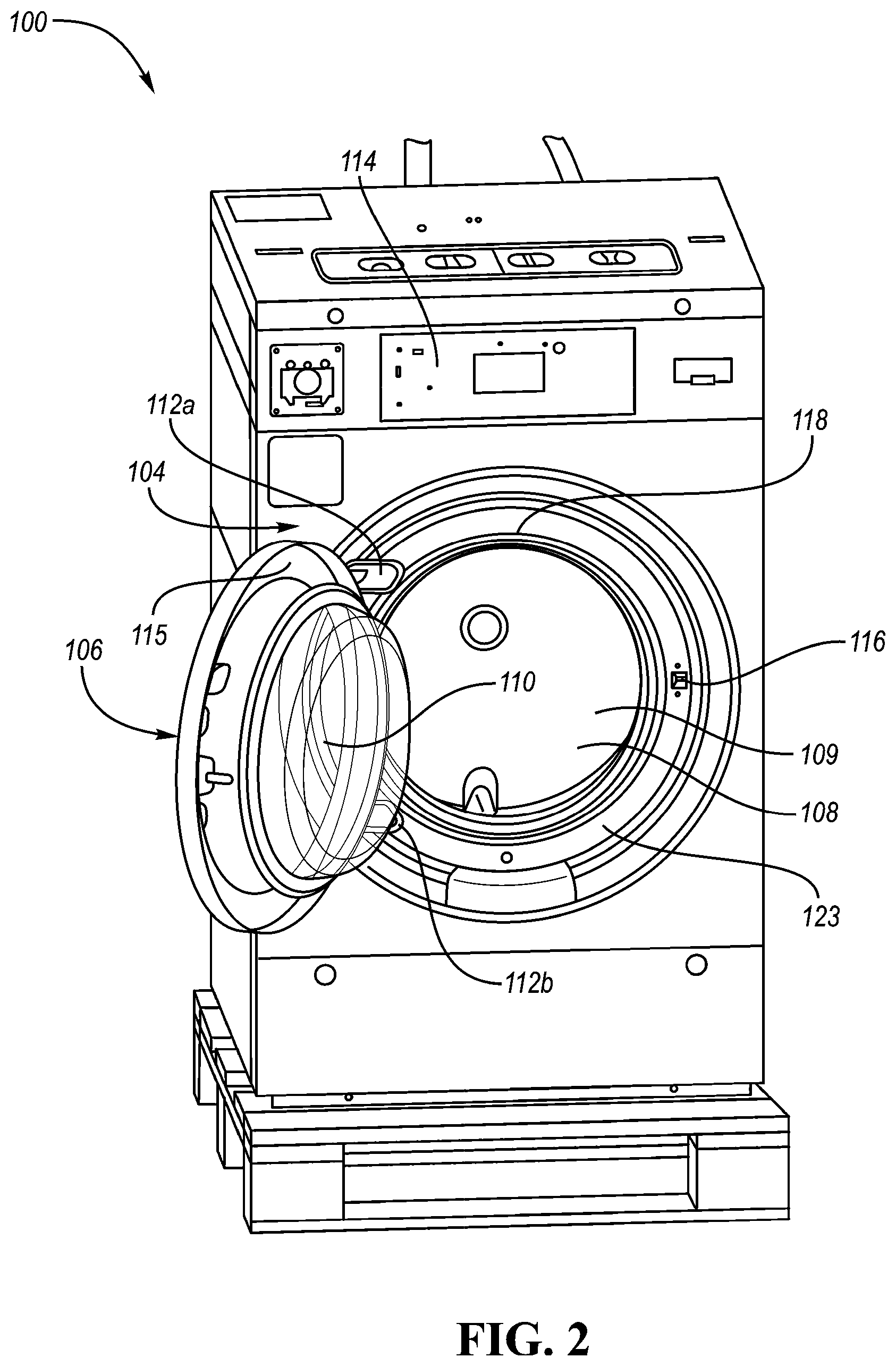 Patent US11814778 Figure 2 – Venting latch assembly for front-loading washing machine