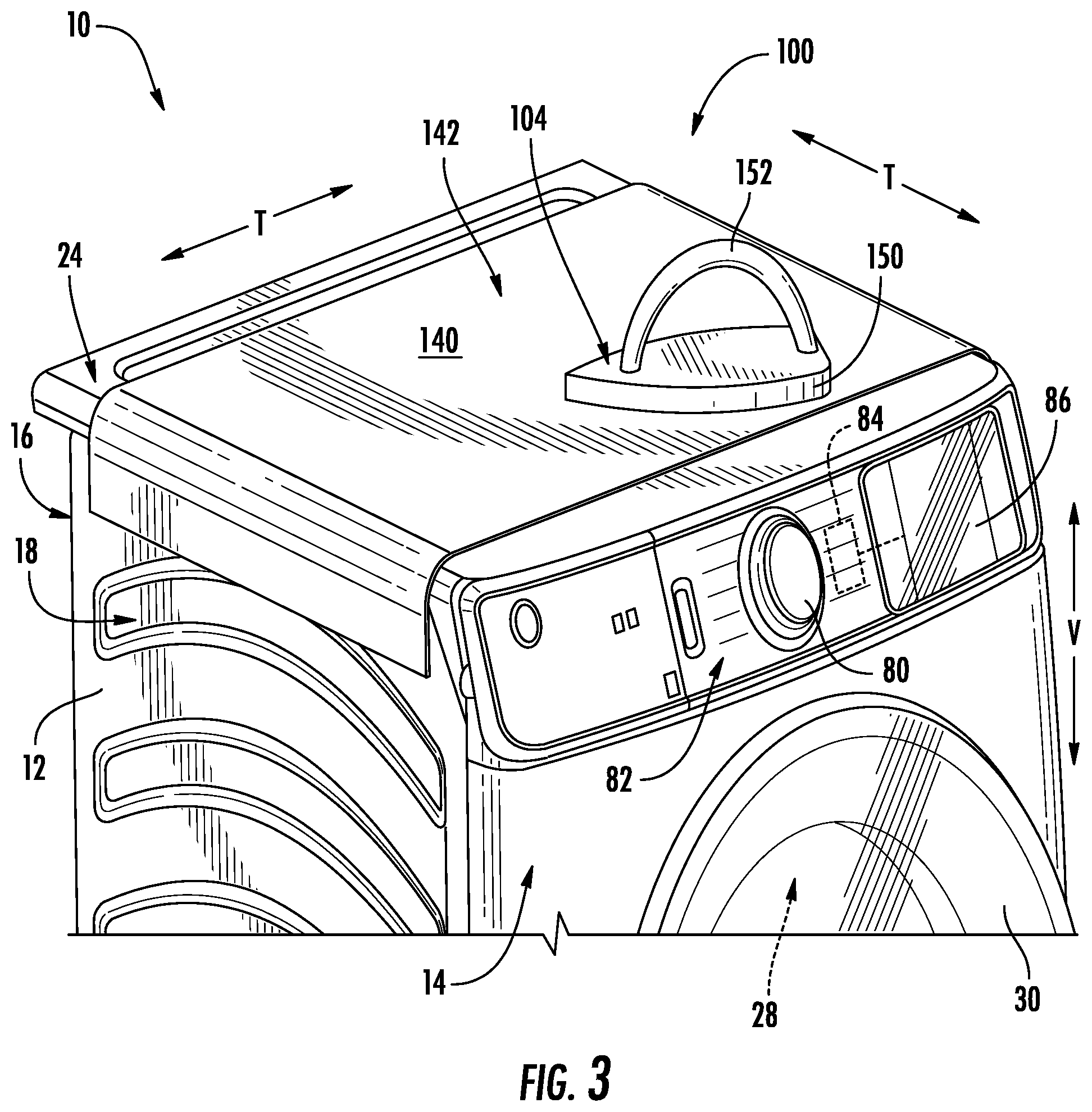 Patent US11814780 Figure 3 – Laundry appliance including induction ironing assembly