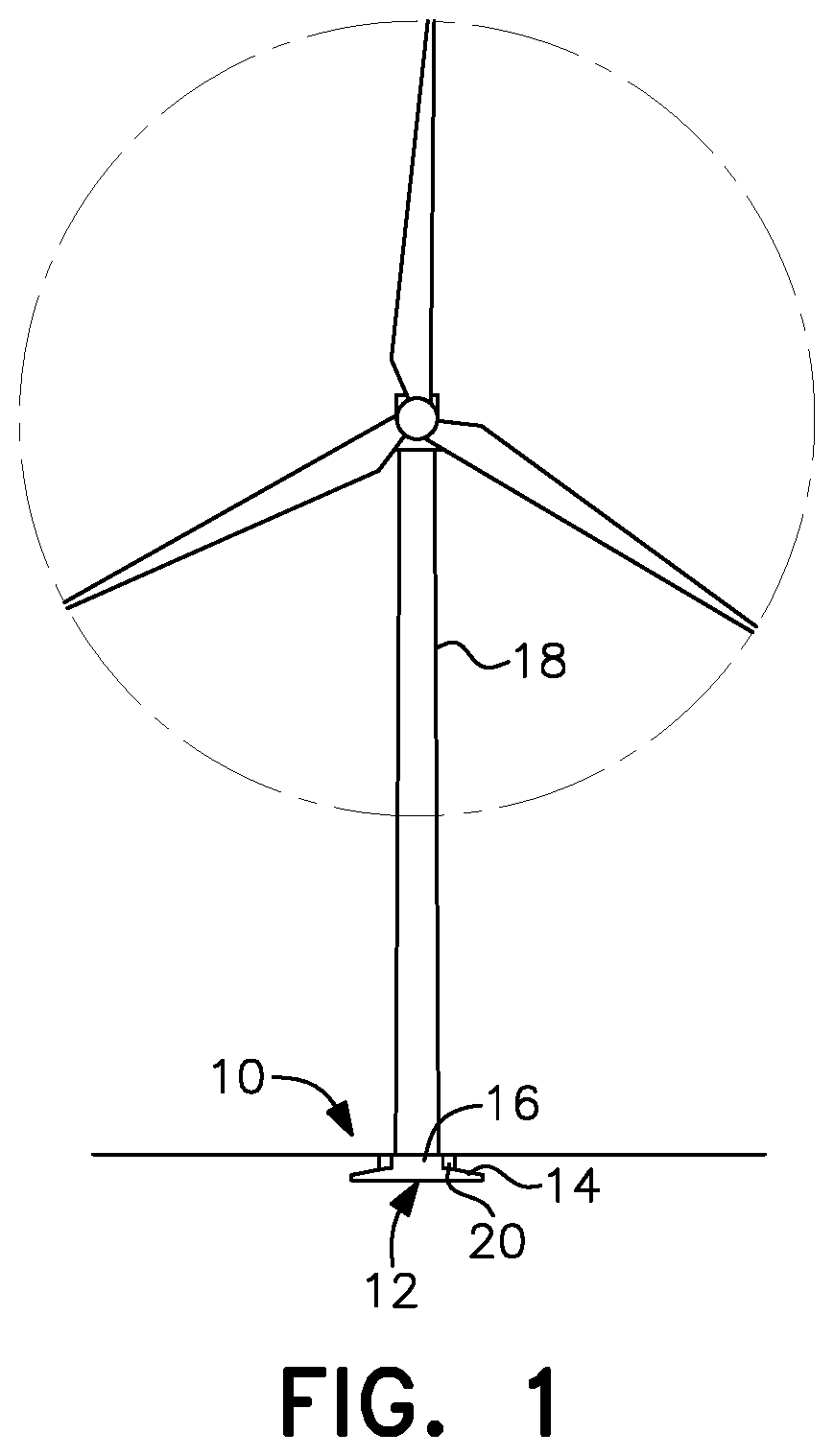 Patent US11814808 Figure 1 – Retrofit reinforcing structure addition and method for wind turbine concrete gravity spread foundations and the like