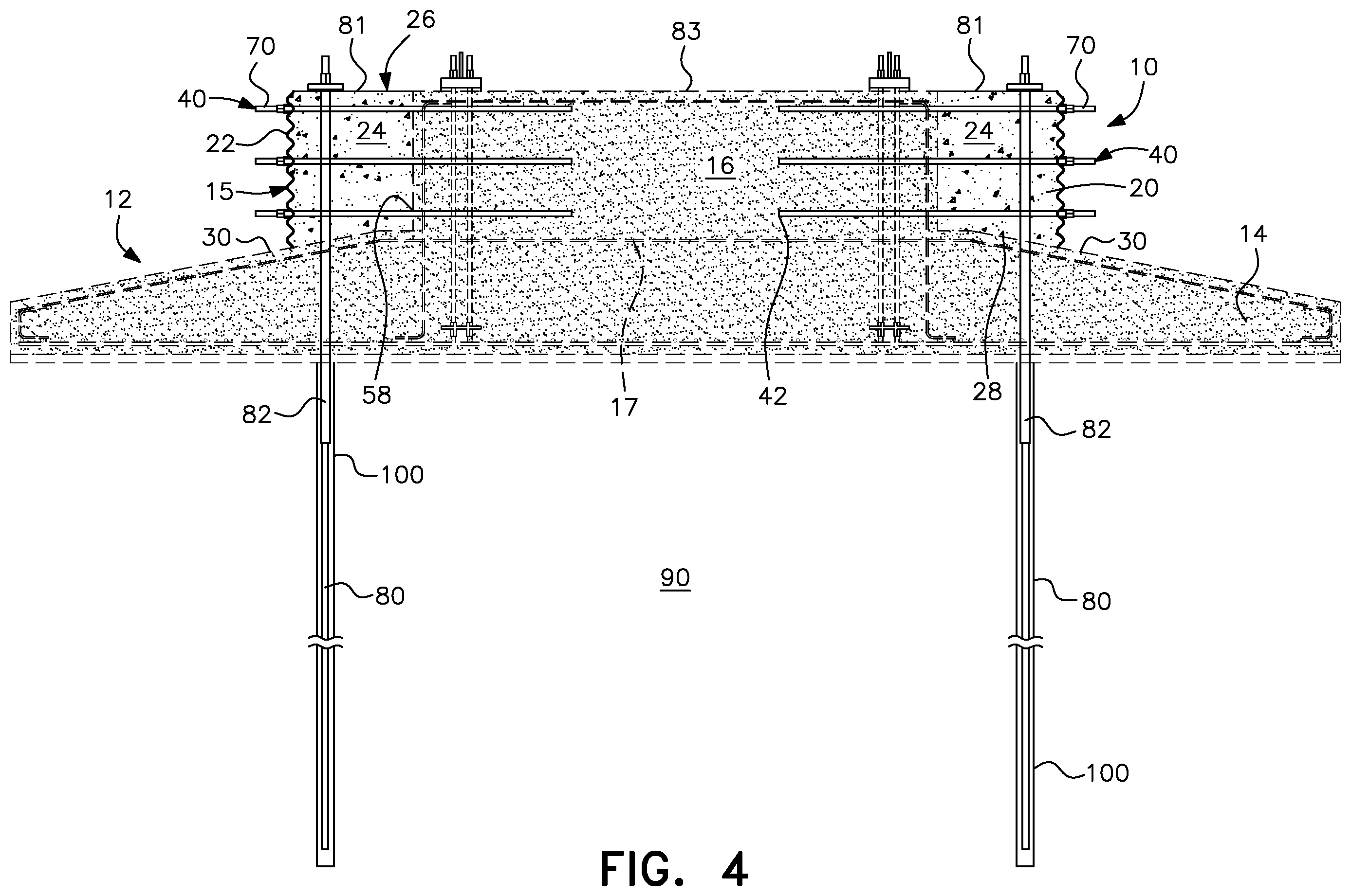Patent US11814808 Figure 4 – Retrofit reinforcing structure addition and method for wind turbine concrete gravity spread foundations and the like