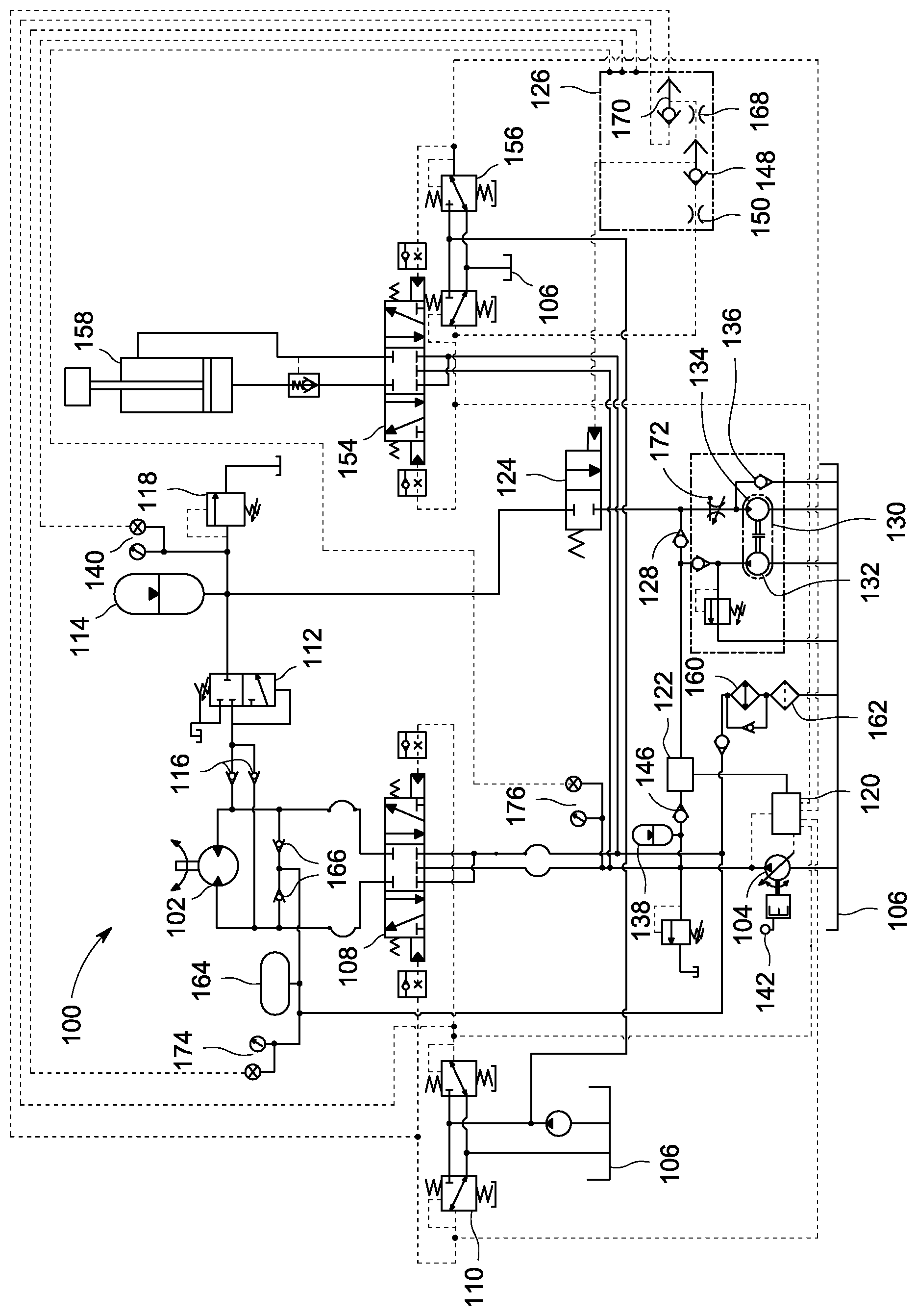 Patent US11814814 Figure 1 – Hydraulic system for hydro-mechanical machines comprising rotary mechanism and boom cylinder