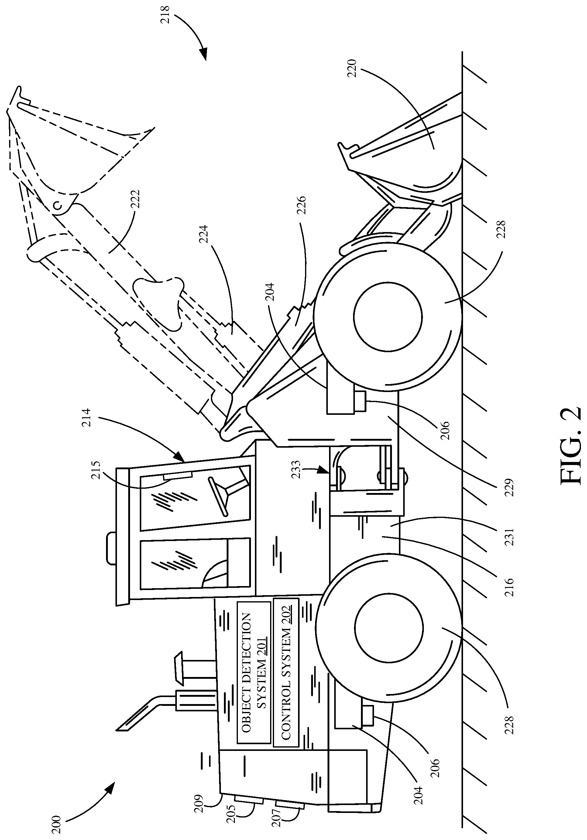 Patent US11814816 Figure 2 – Mobile work machine with object detection and machine path visualization