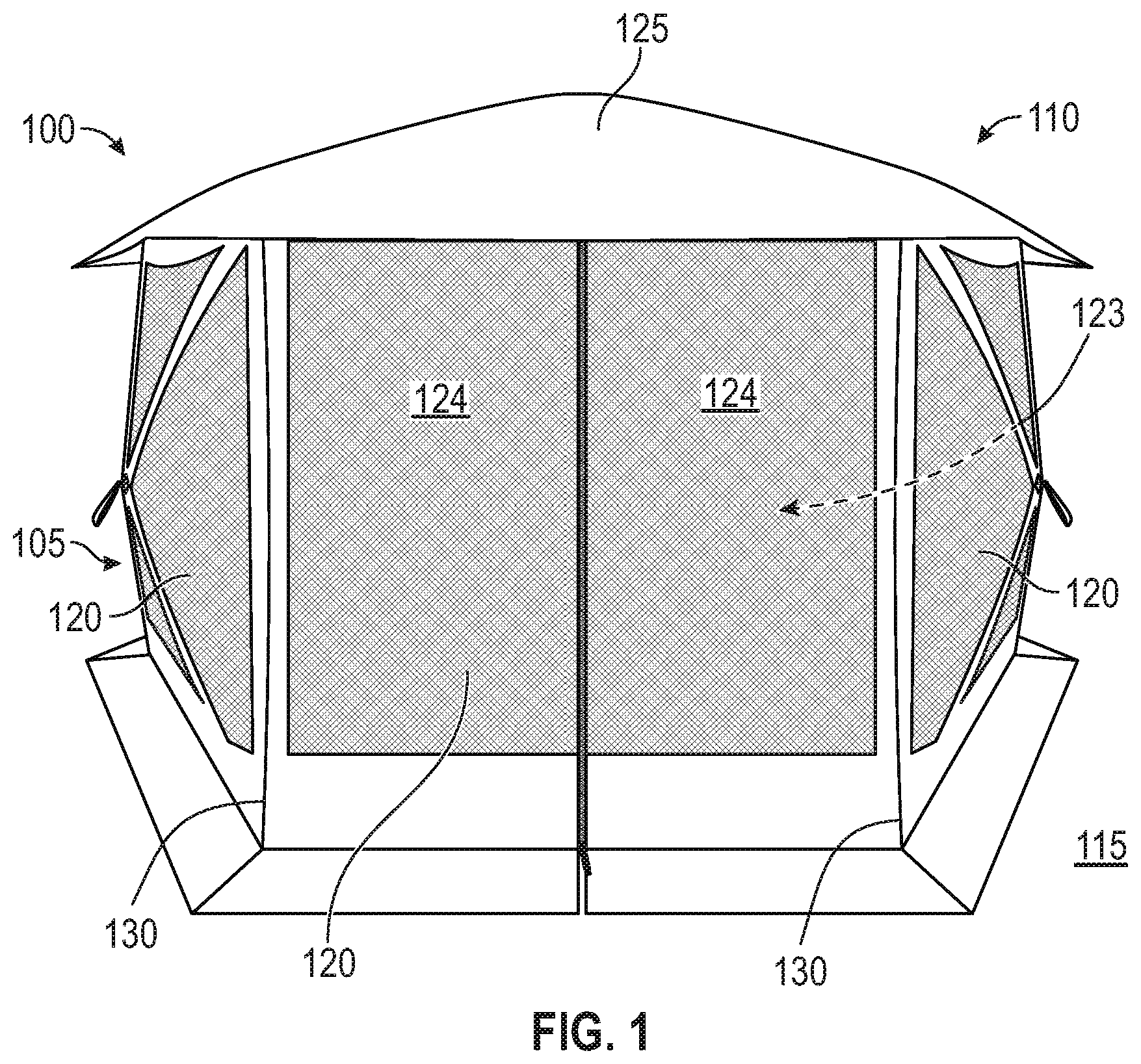 Patent US11814860 Figure 1 – Deployable and stowable roof structures for portable shelters, and associated methods