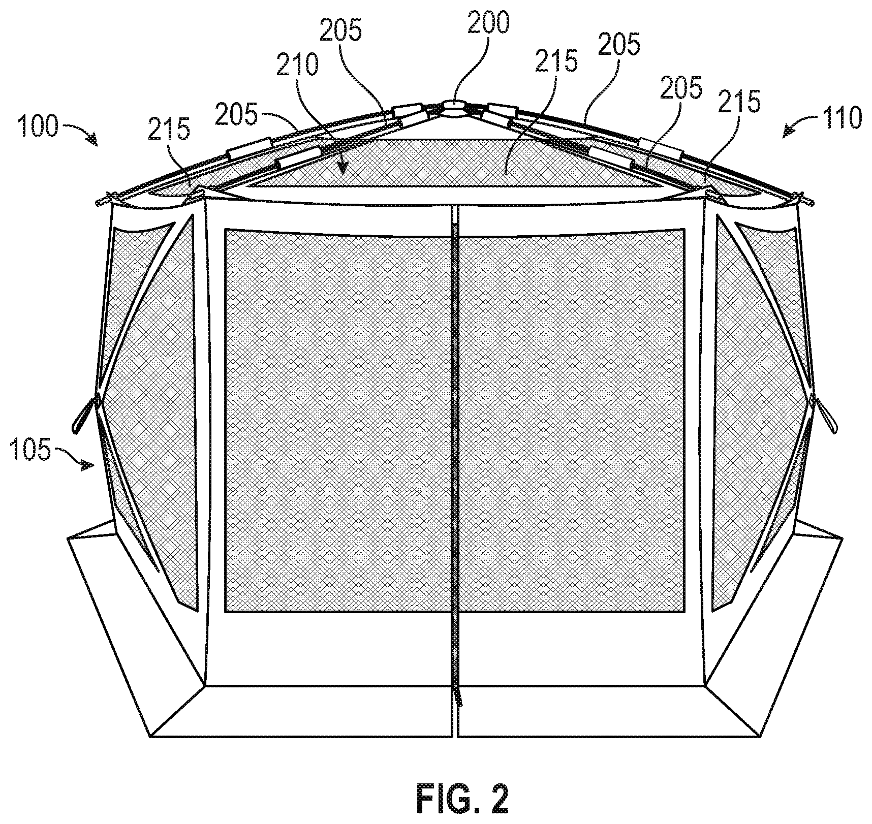 Patent US11814860 Figure 2 – Deployable and stowable roof structures for portable shelters, and associated methods
