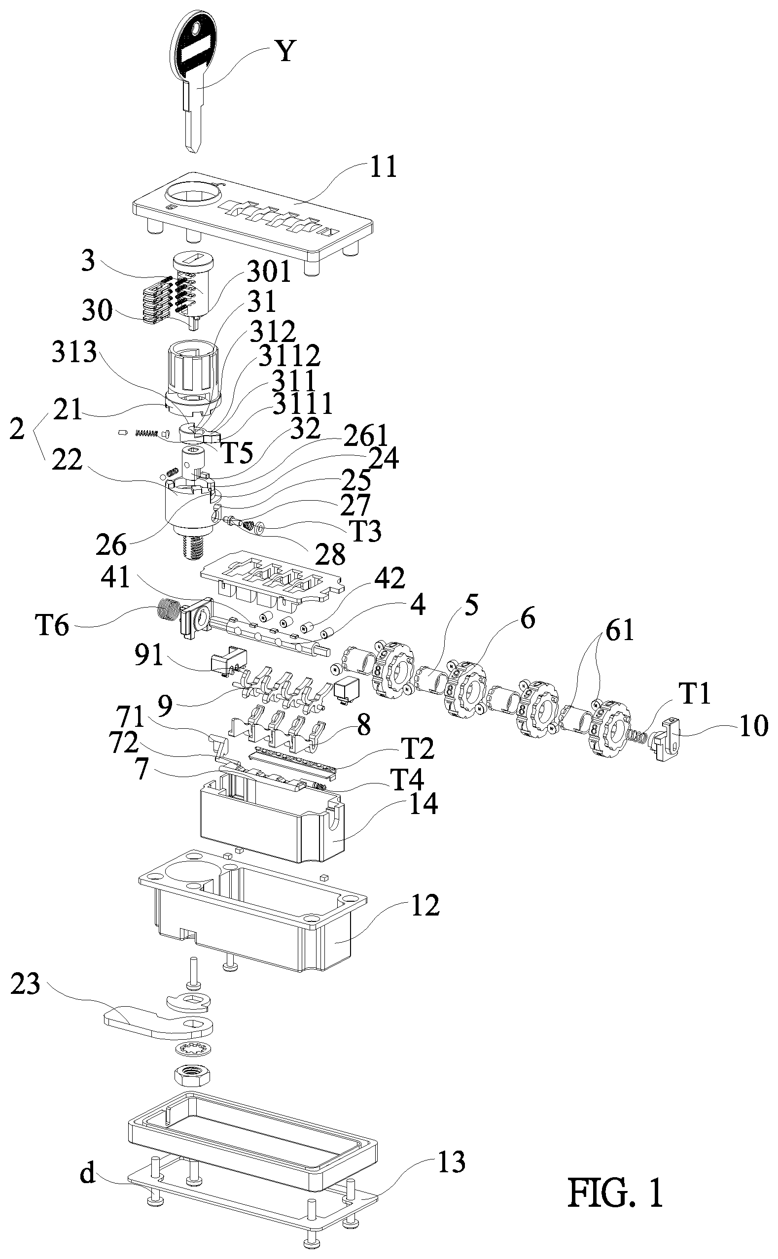 Patent US11814872 Figure 1 – Automatic messy code character wheel coded lock