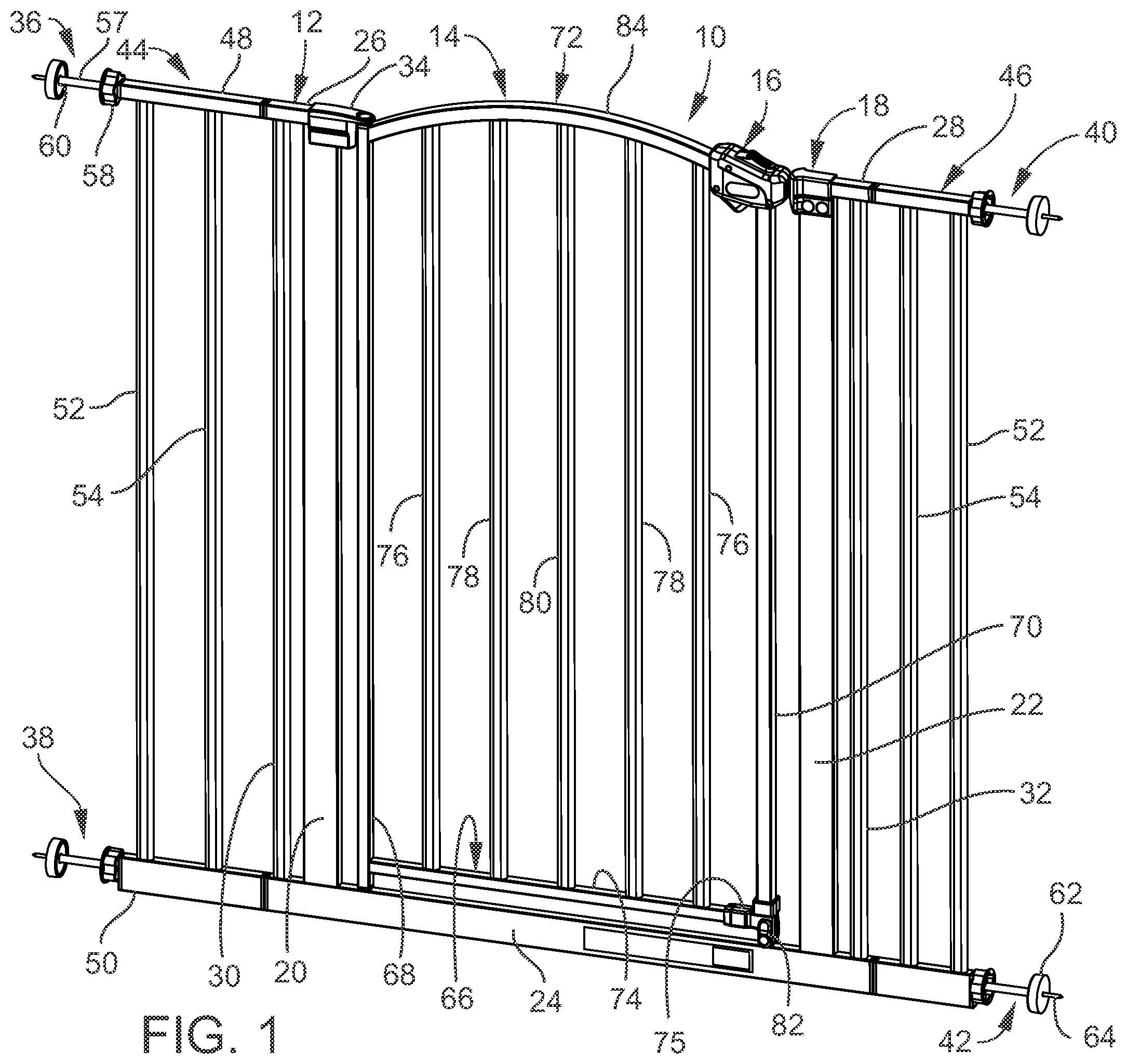 Patent US11814892 Figure 1 – Gated barrier with one hand latch apparatus