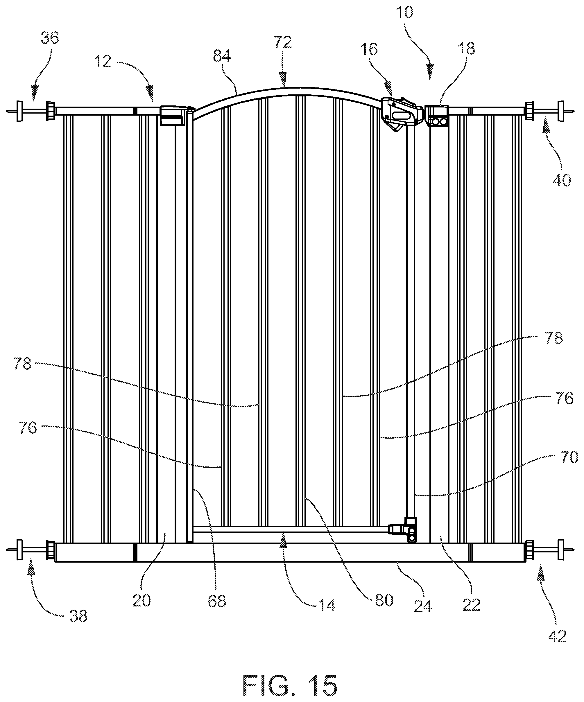 Patent US11814892 Figure 15 – Gated barrier with one hand latch apparatus