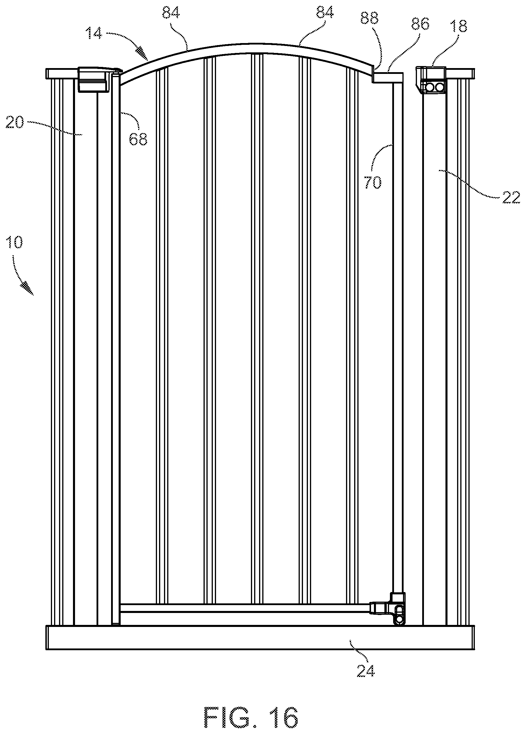 Patent US11814892 Figure 16 – Gated barrier with one hand latch apparatus