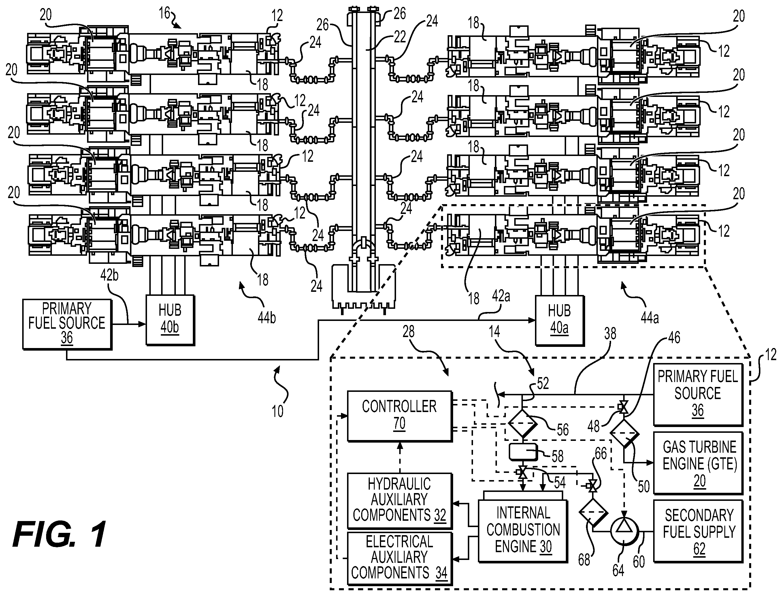 Patent US11814940 — Bi-fuel reciprocating engine to power direct drive turbine fracturing pumps onboard auxiliary systems and related methods — Figure 1