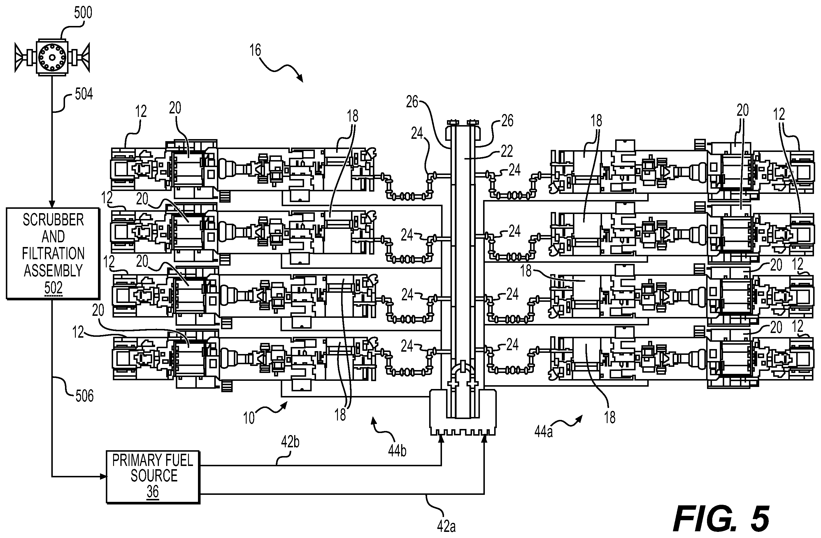 Patent US11814940 Figure 4 – Bi-fuel reciprocating engine to power direct drive turbine fracturing pumps onboard auxiliary systems and related methods