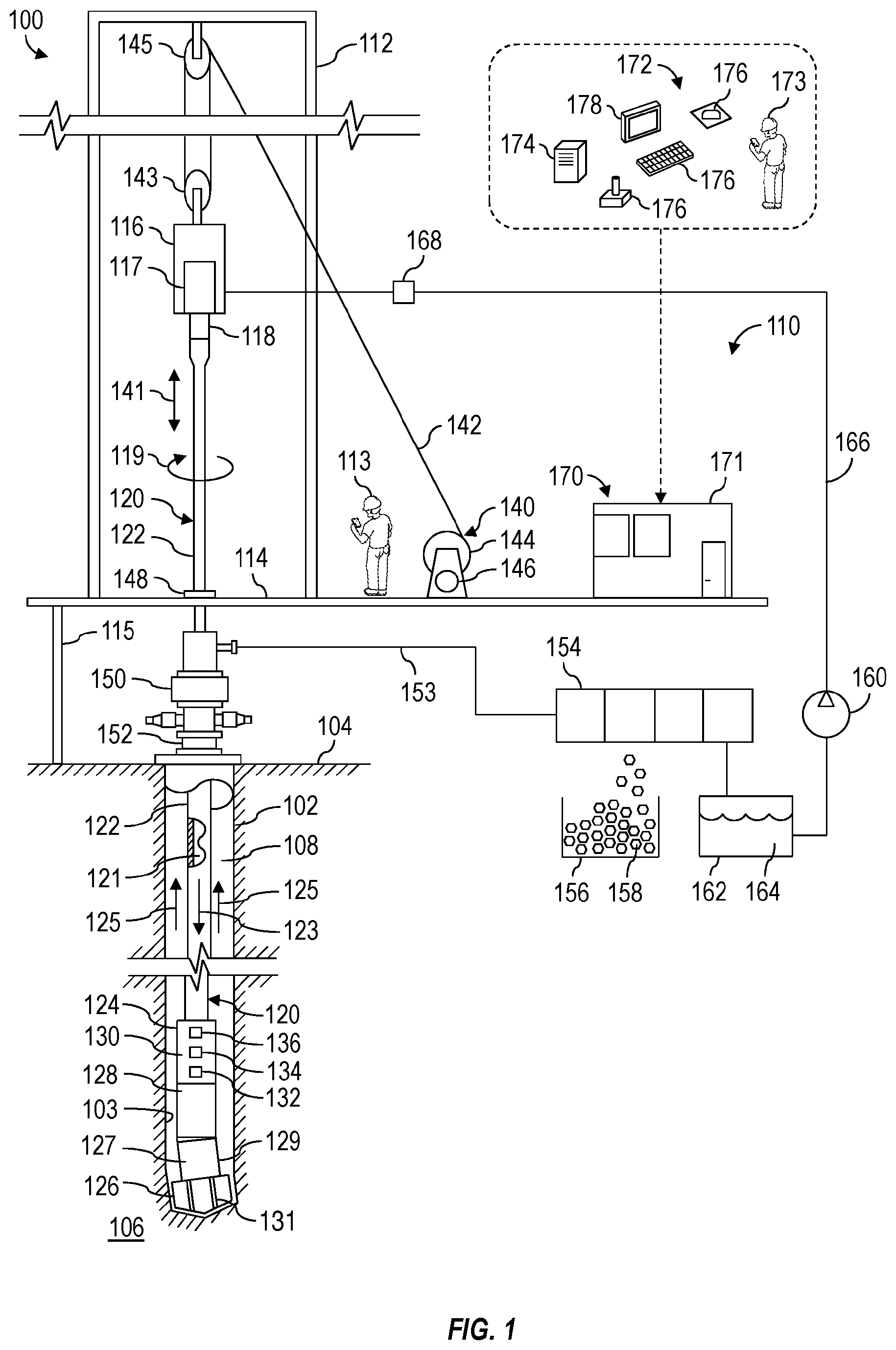 Patent US11814943 Figure 1 – Slide drilling control based on top drive torque and rotational distance