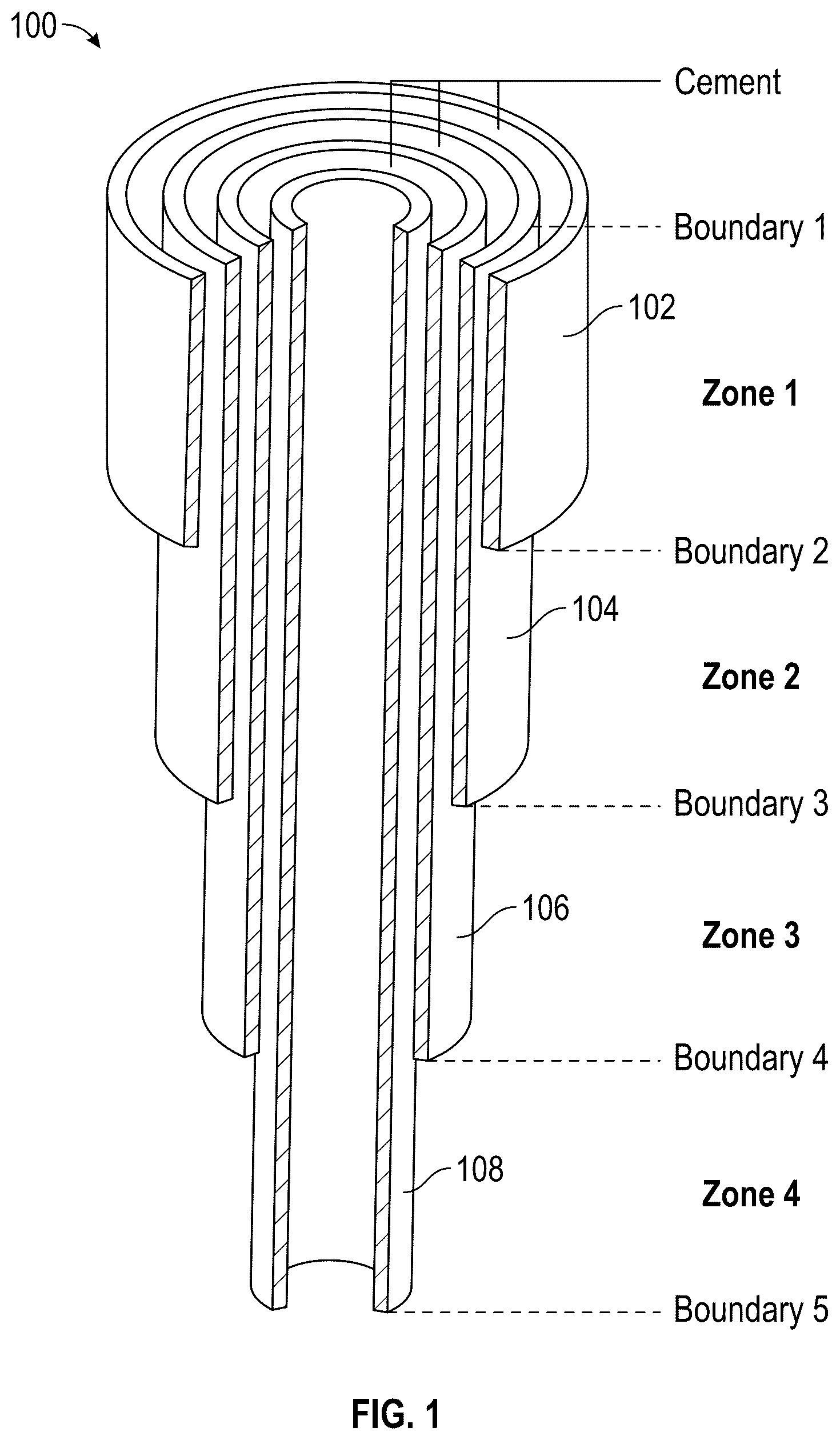 Patent US11814945 Figure 1 – Downhole nested pipe inspection using hybrid frequency and time domain logging technique