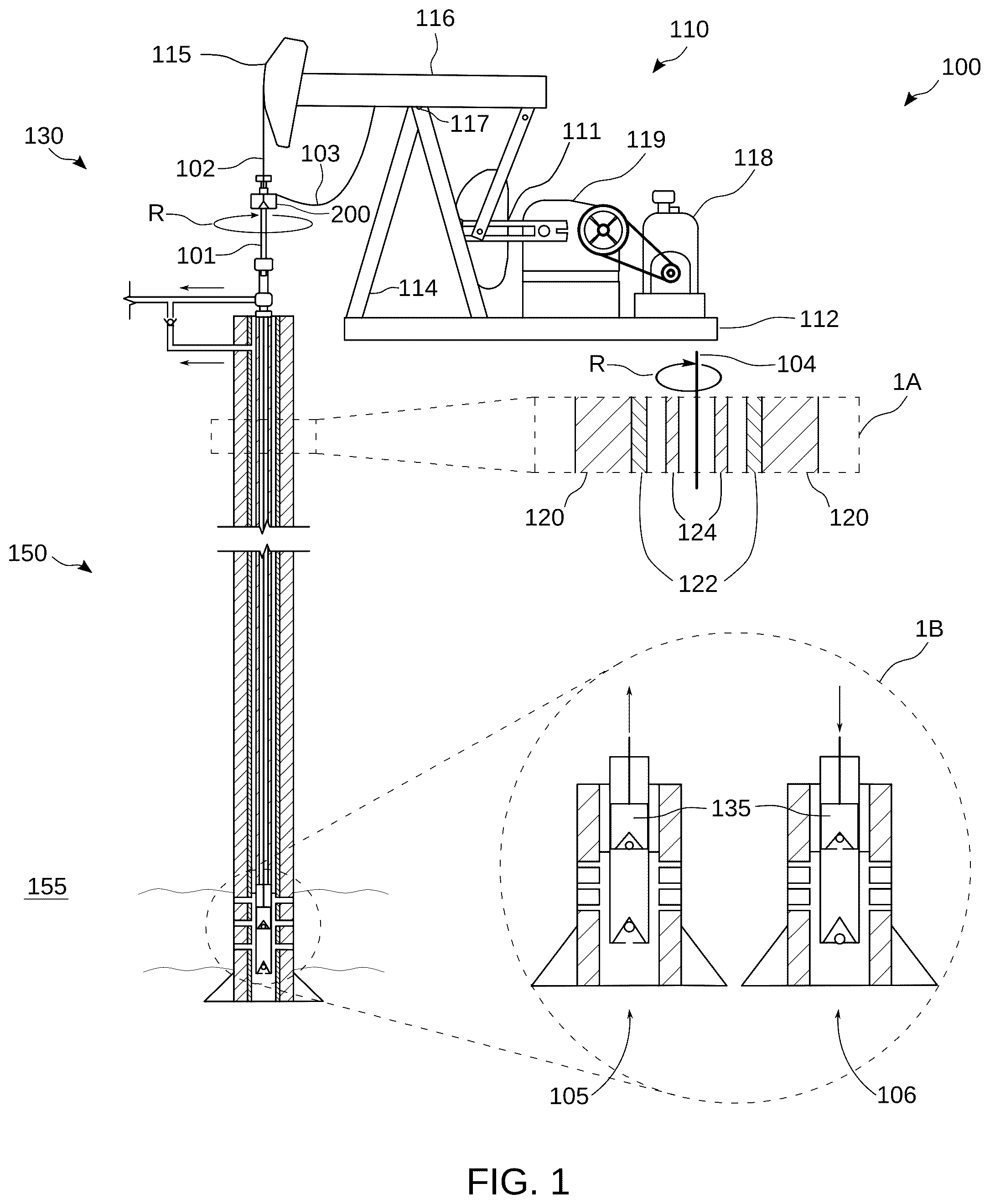 Patent US11814948 Figure 1 – Apparatus and method for detecting the rotation of a rod-string in a wellbore