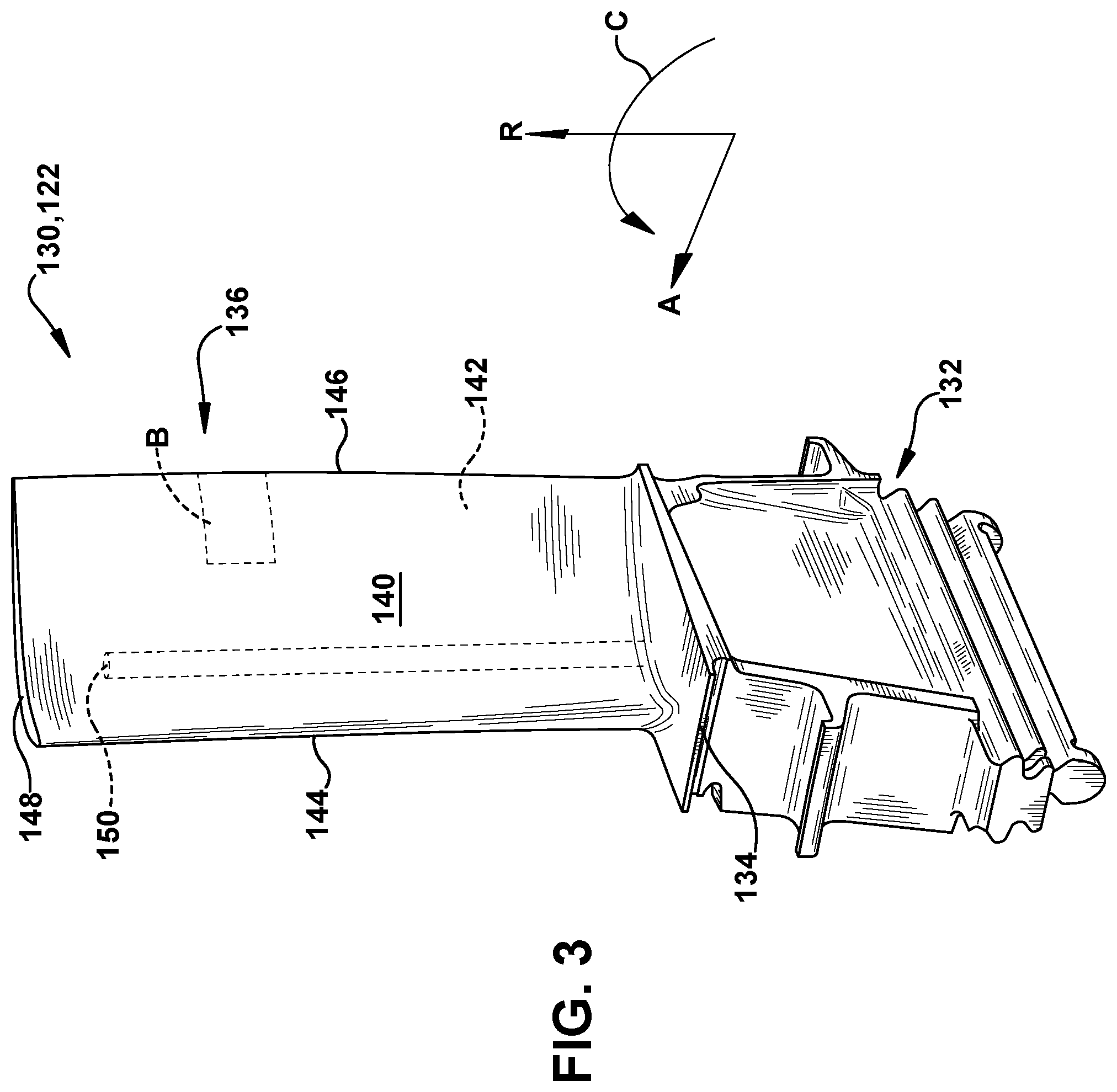 Patent US11814965 Figure 3 – Turbomachine blade trailing edge cooling circuit with turn passage having set of obstructions