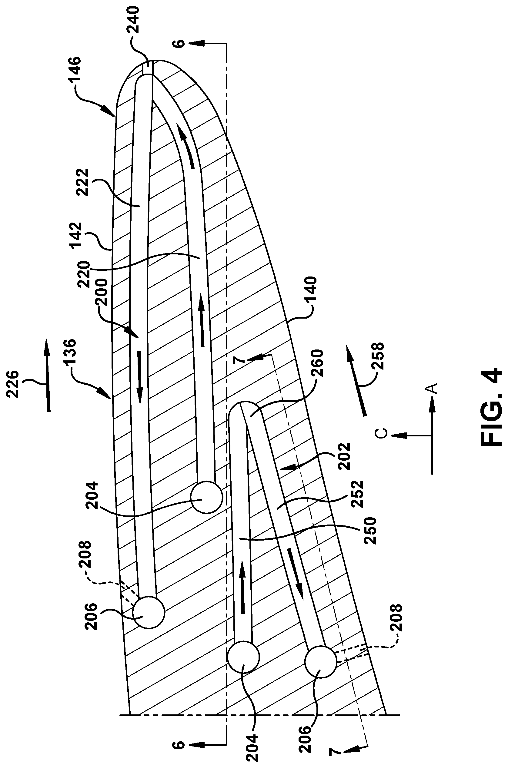 Patent US11814965 Figure 4 – Turbomachine blade trailing edge cooling circuit with turn passage having set of obstructions
