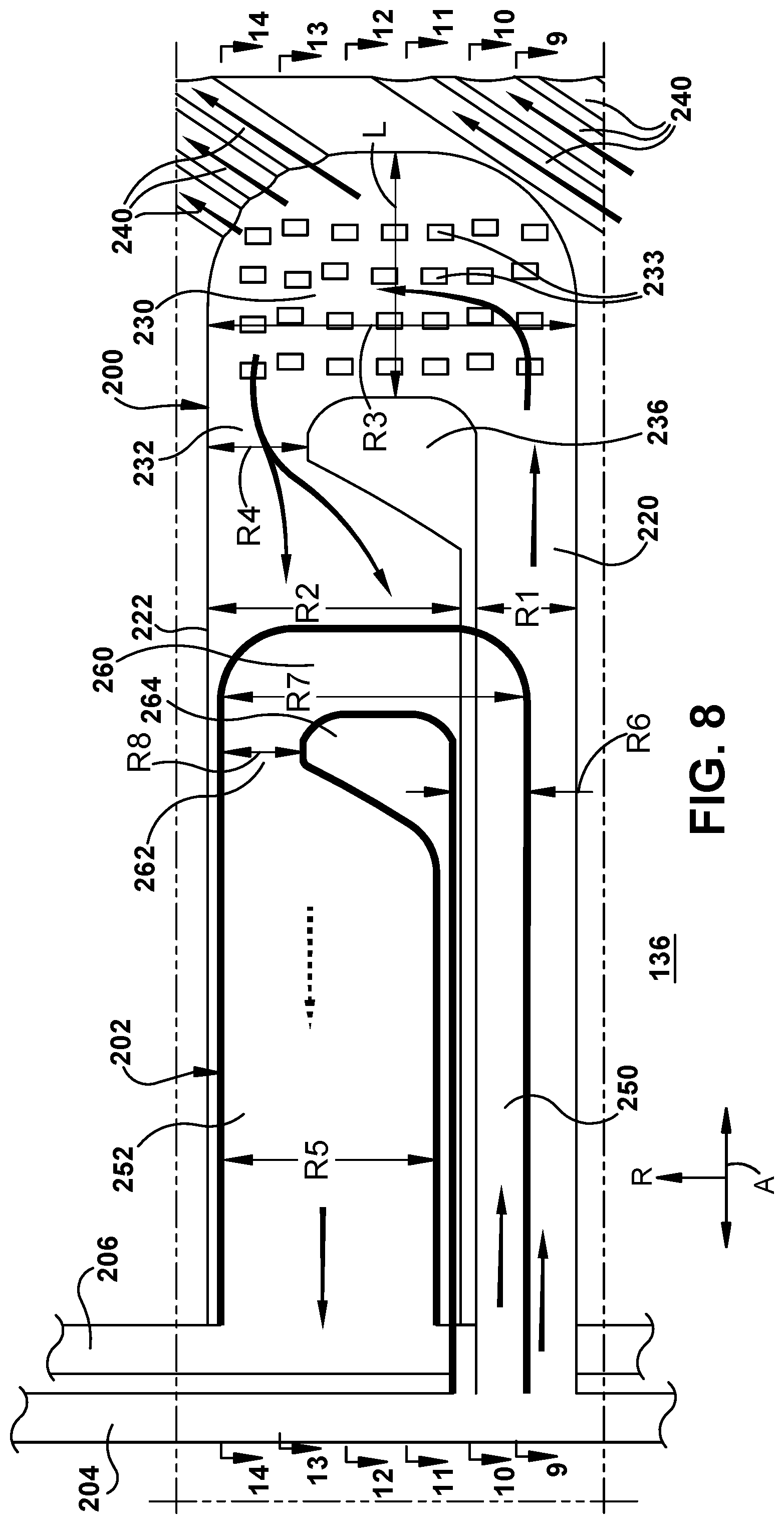 Patent US11814965 Figure 7 – Turbomachine blade trailing edge cooling circuit with turn passage having set of obstructions
