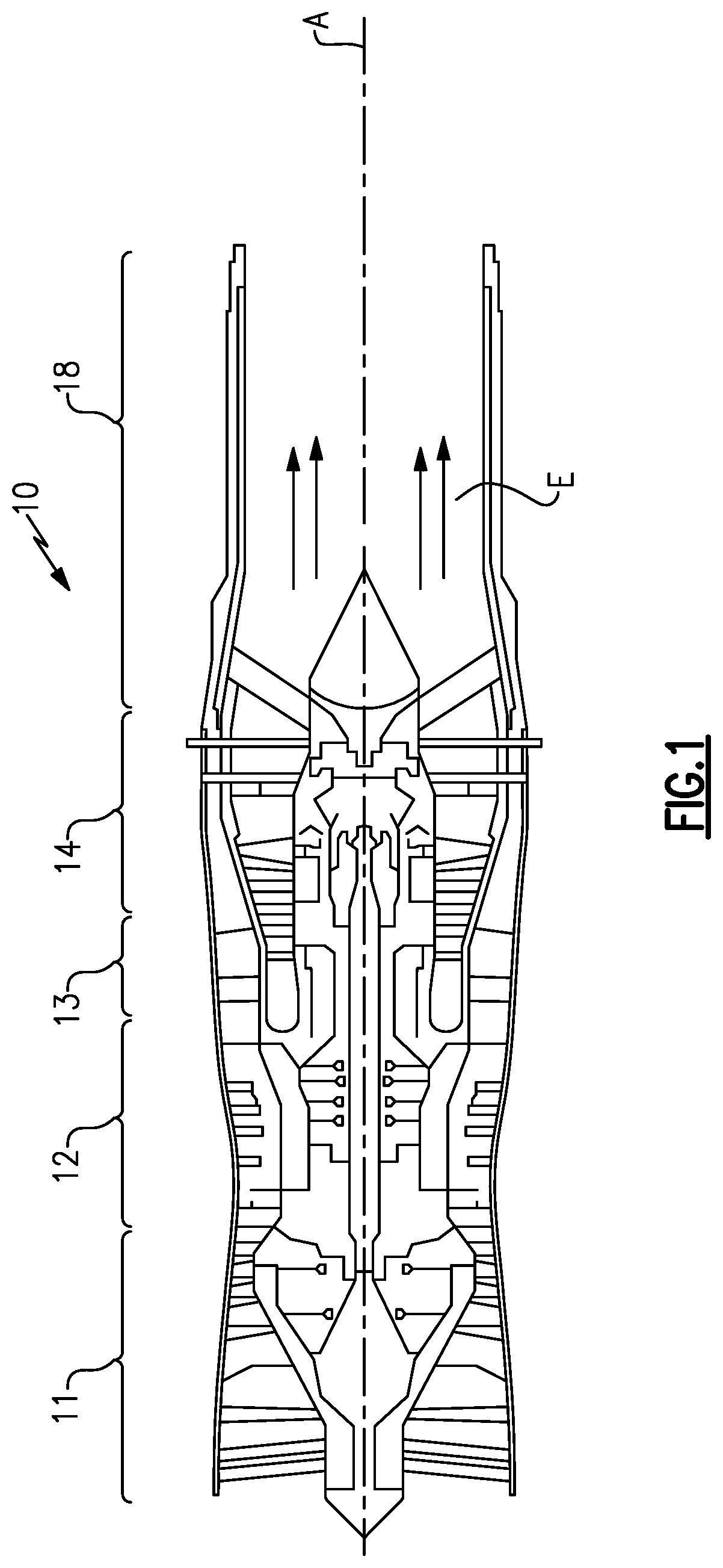 Patent US11814966 Figure 1 – Retention ring with removal features for gas turbine engine
