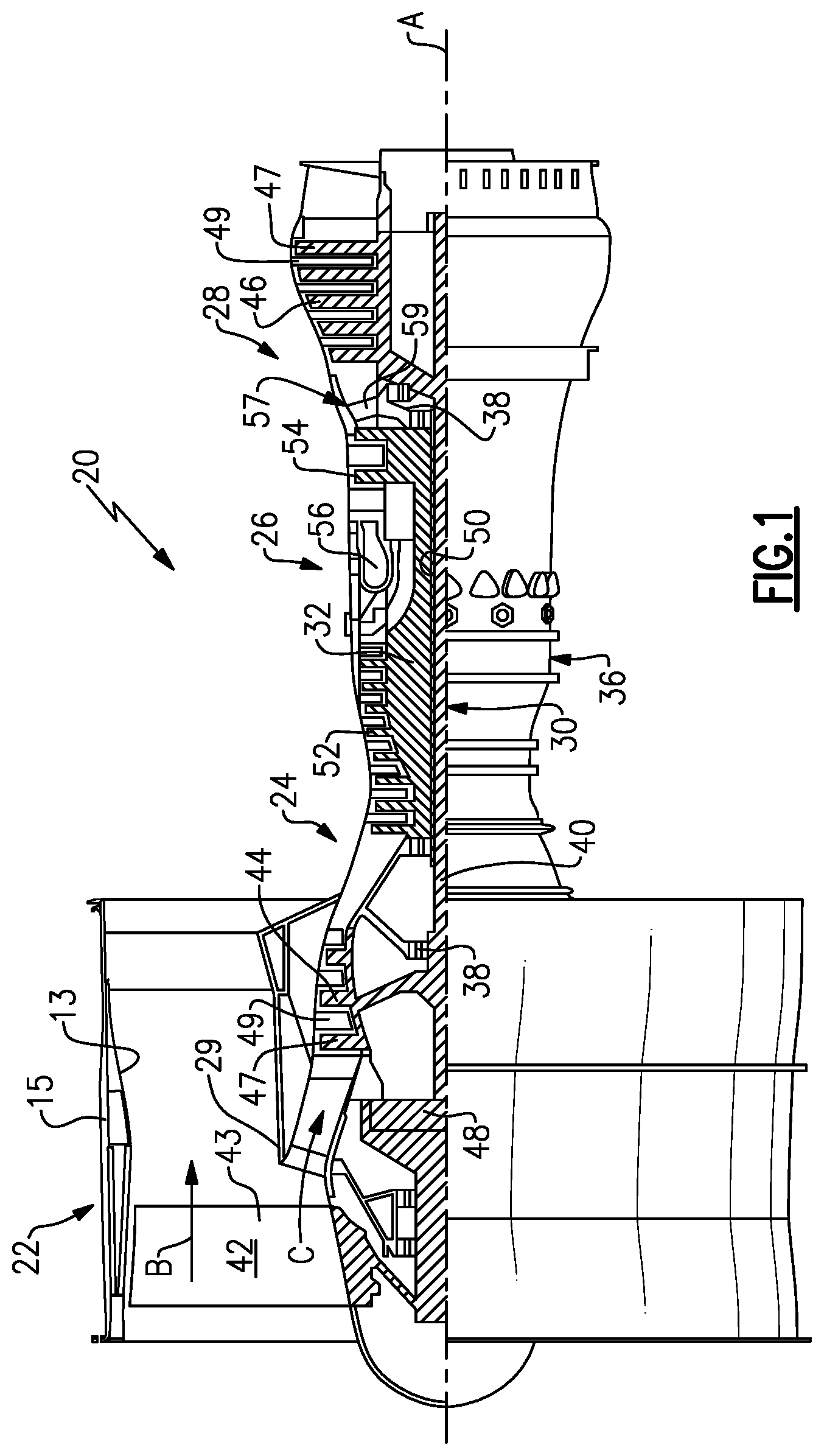 Patent US11814968 Figure 1 – Gas turbine engine with idle thrust ratio