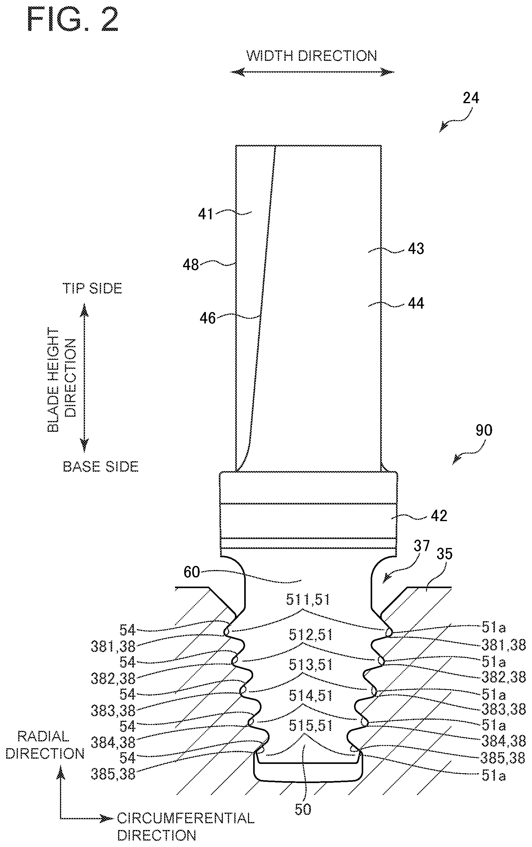 Patent US11814986 Figure 2 – Turbine rotor blade, turbine rotor blade assembly, gas turbine, and repair method for gas turbine