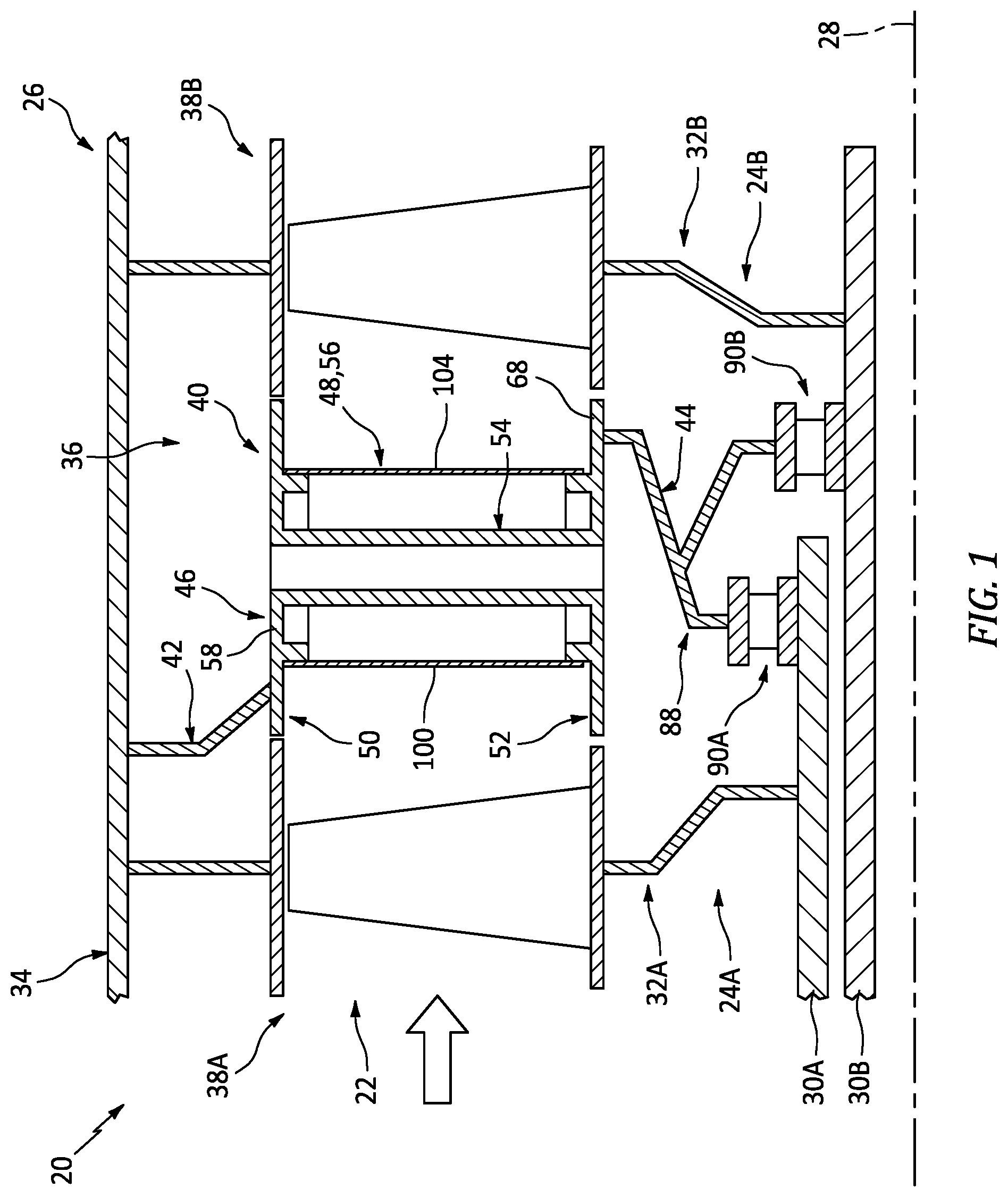 Patent US11814989 Figure 1 – Vane array structure for a hot section of a gas turbine engine