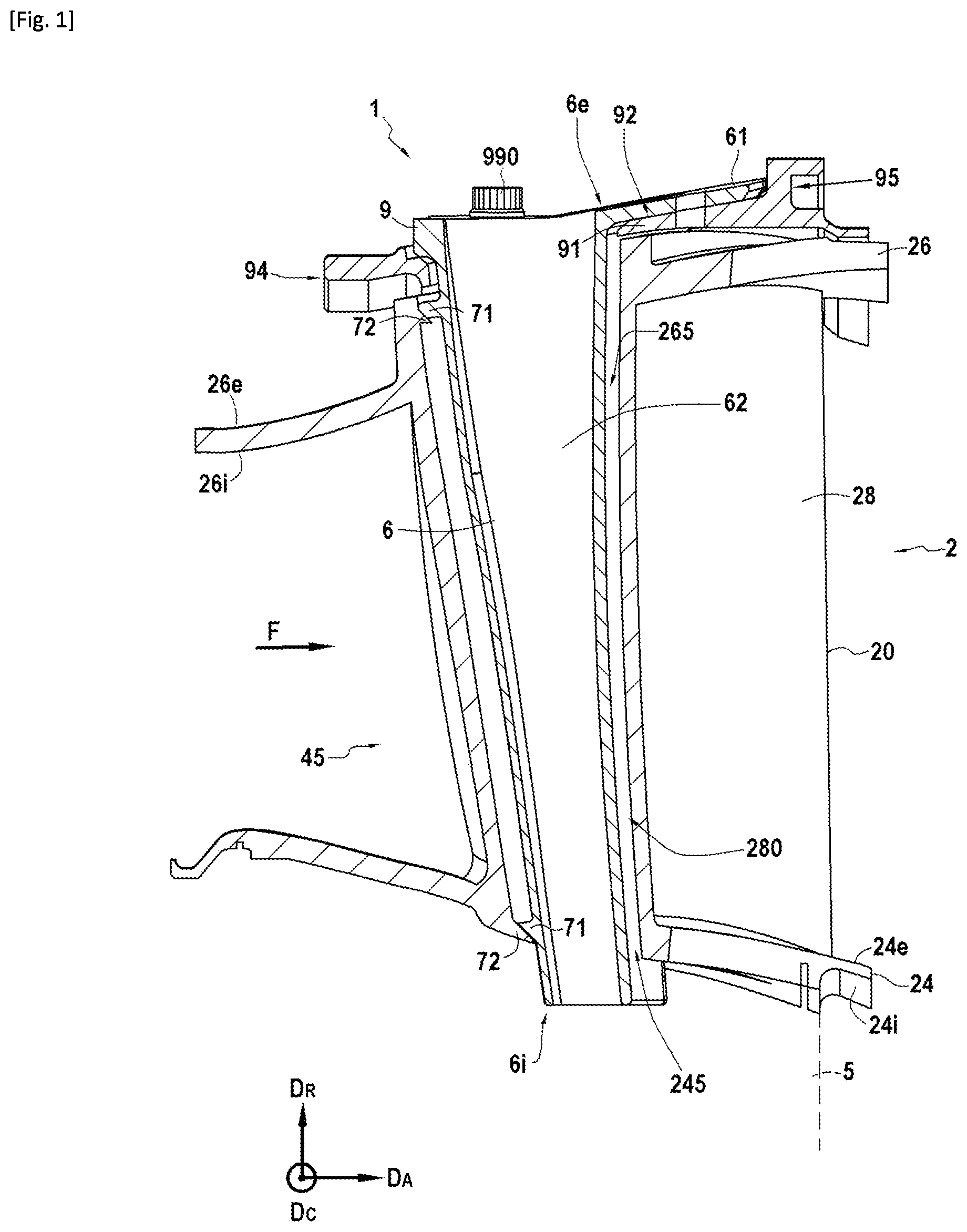 Patent US11814990 Figure 1 – Turbomachine turbine having a CMC nozzle with load spreading