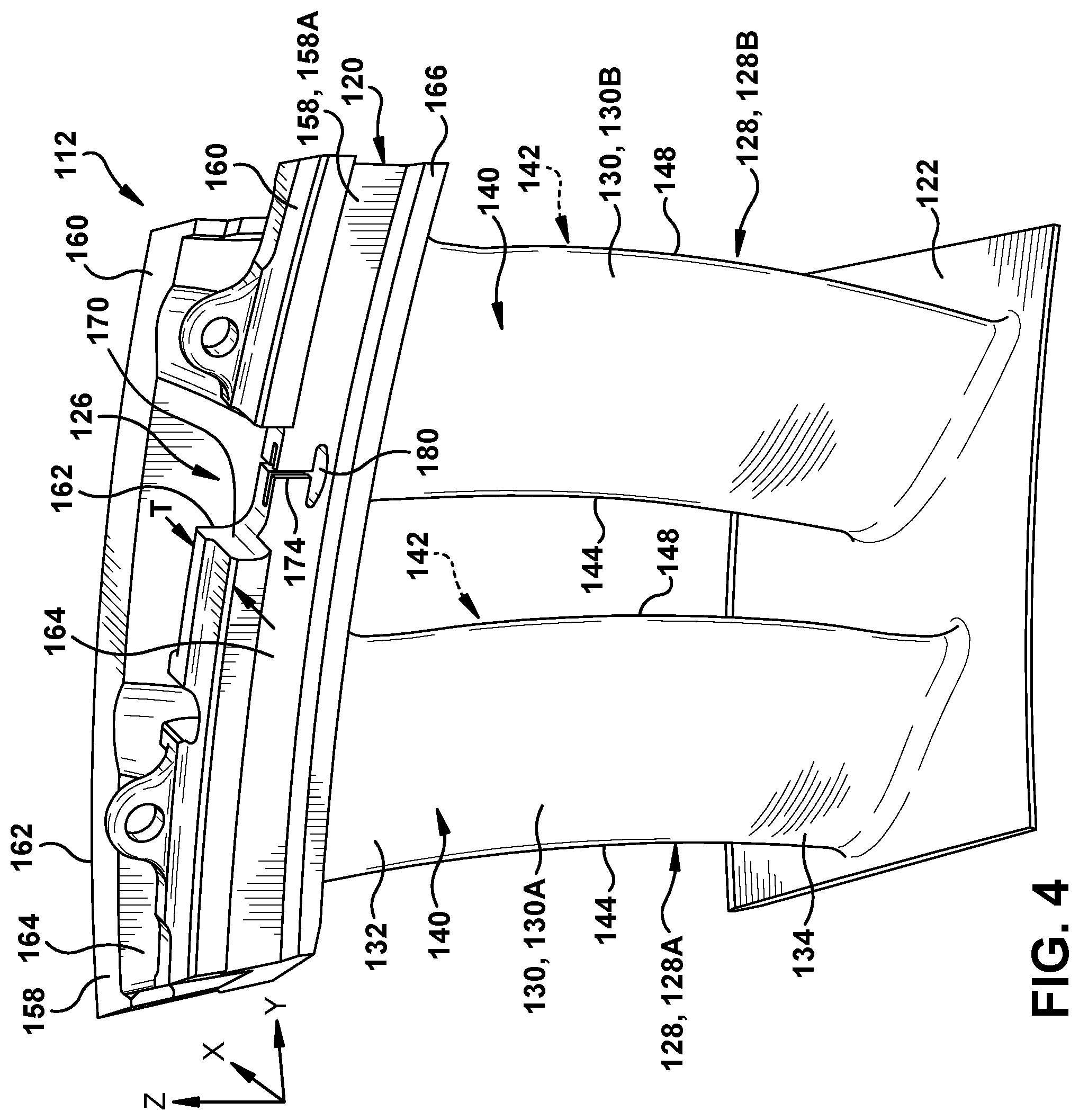 Patent US11814991 Figure 4 – Turbine nozzle assembly with stress relief structure for mounting rail