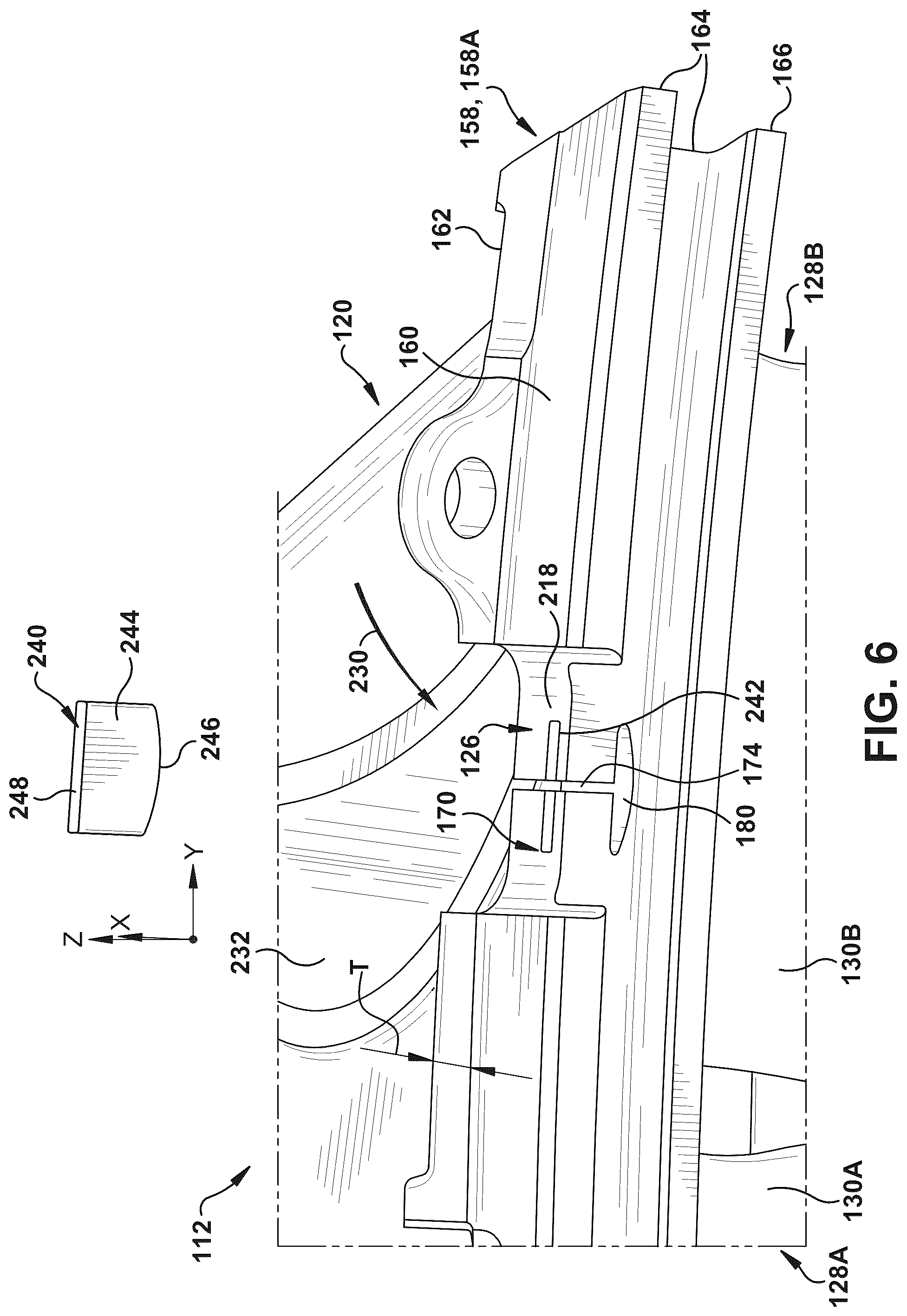 Patent US11814991 Figure 6 – Turbine nozzle assembly with stress relief structure for mounting rail