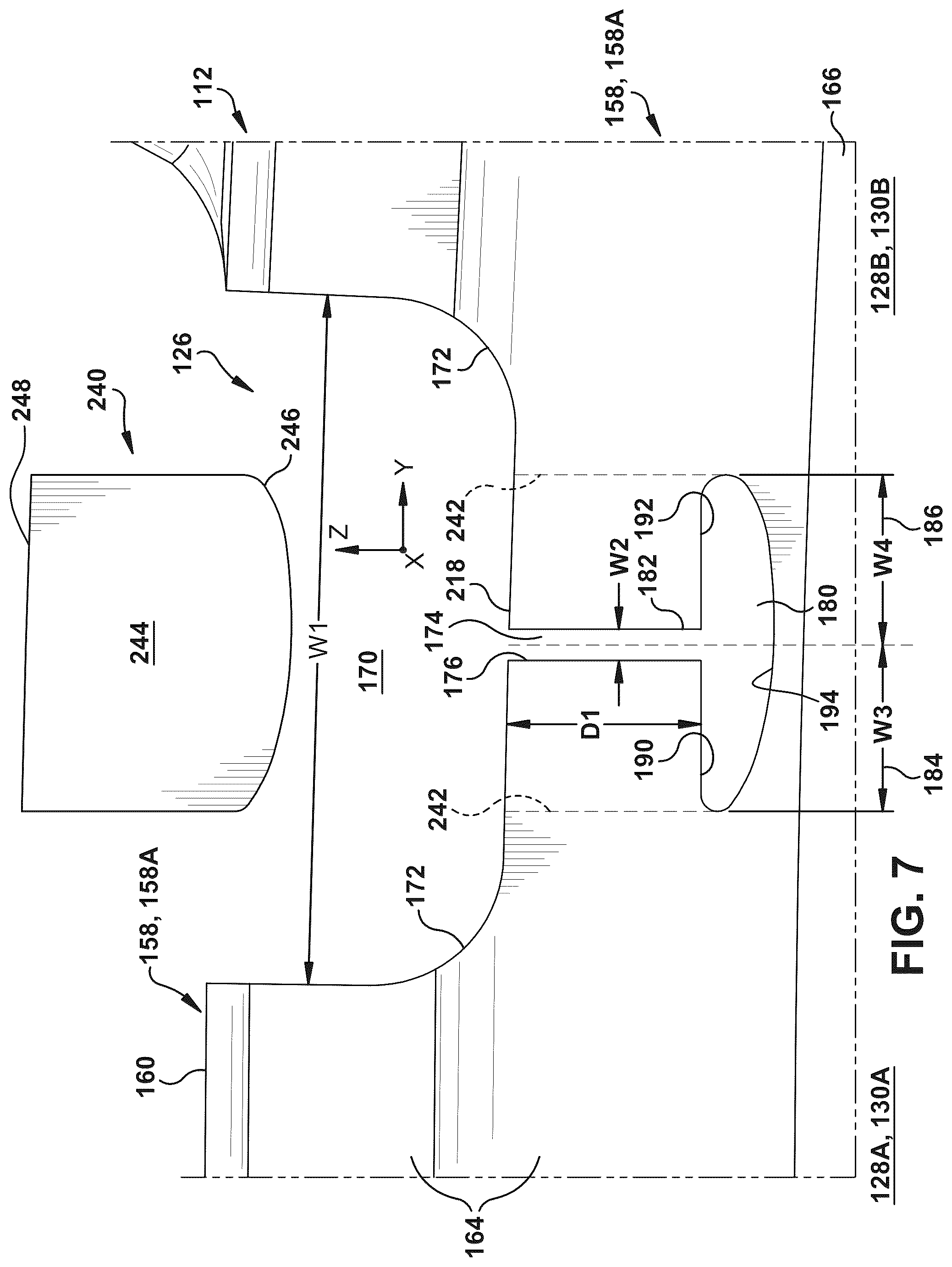 Patent US11814991 Figure 7 – Turbine nozzle assembly with stress relief structure for mounting rail
