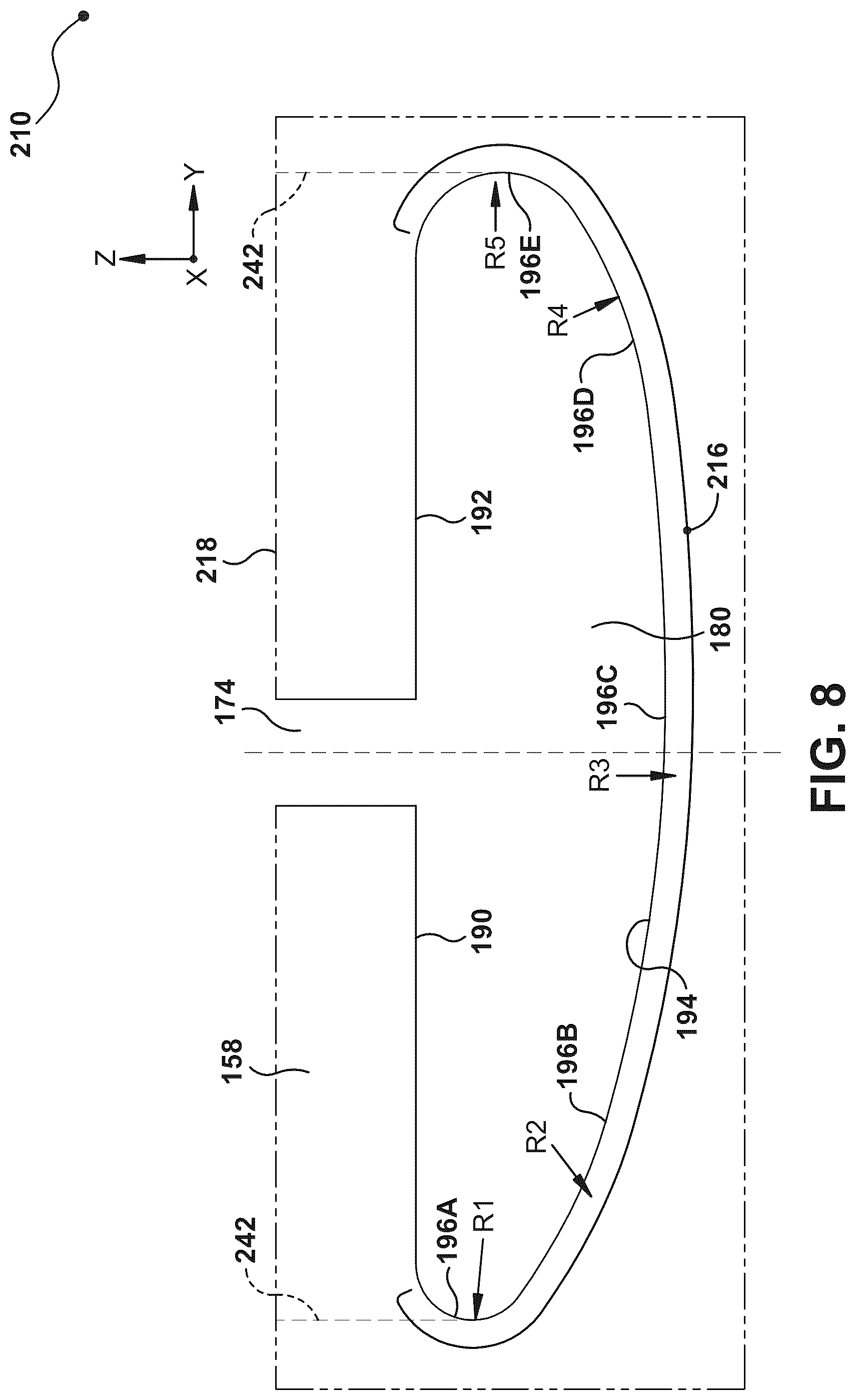 Patent US11814991 Figure 8 – Turbine nozzle assembly with stress relief structure for mounting rail