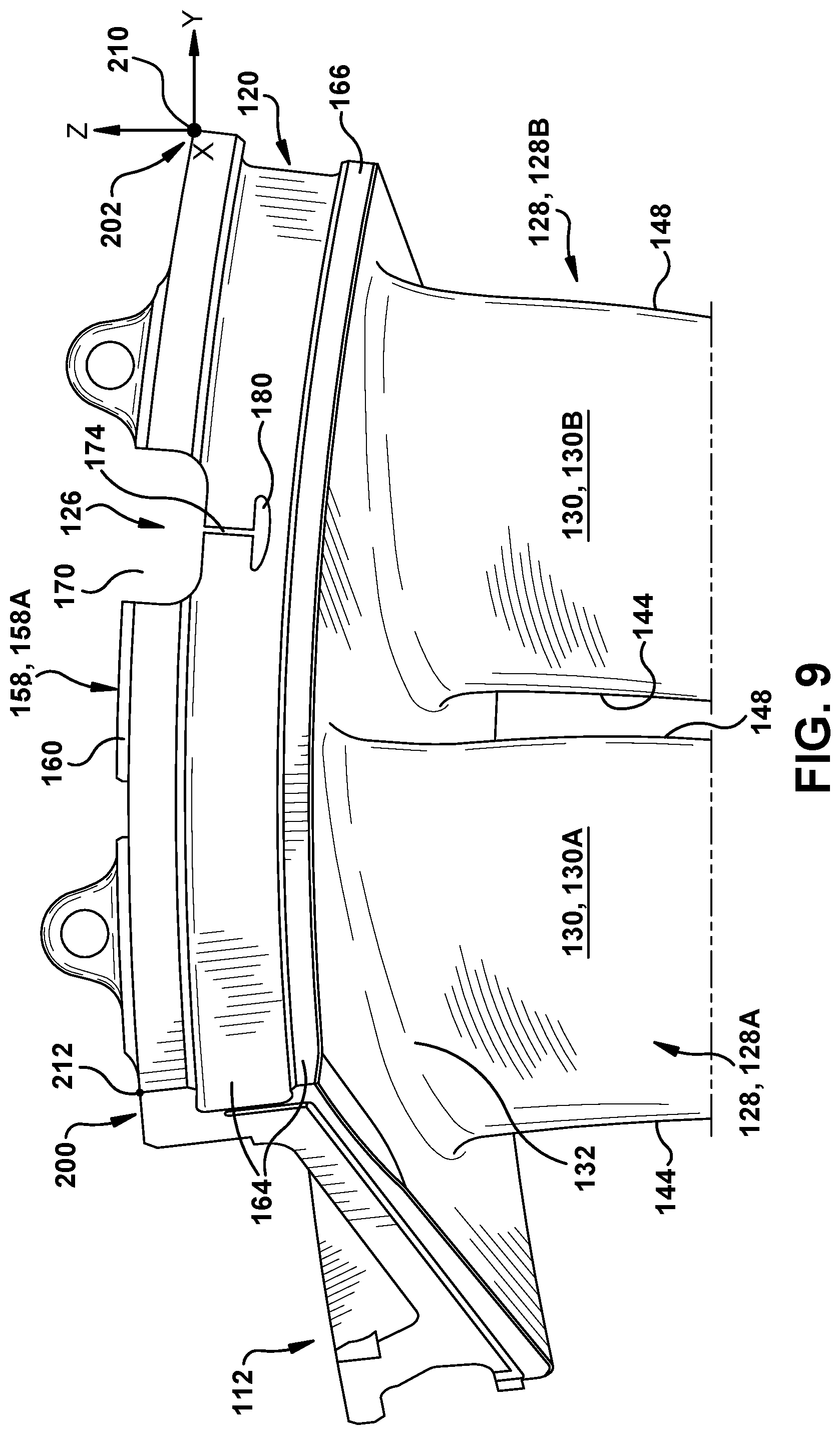 Patent US11814991 Figure 9 – Turbine nozzle assembly with stress relief structure for mounting rail