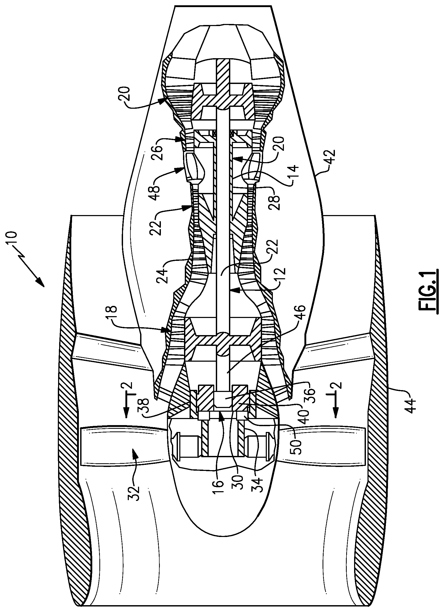 Patent US11815001 Figure 1 – Planetary gear system arrangement with auxiliary oil system