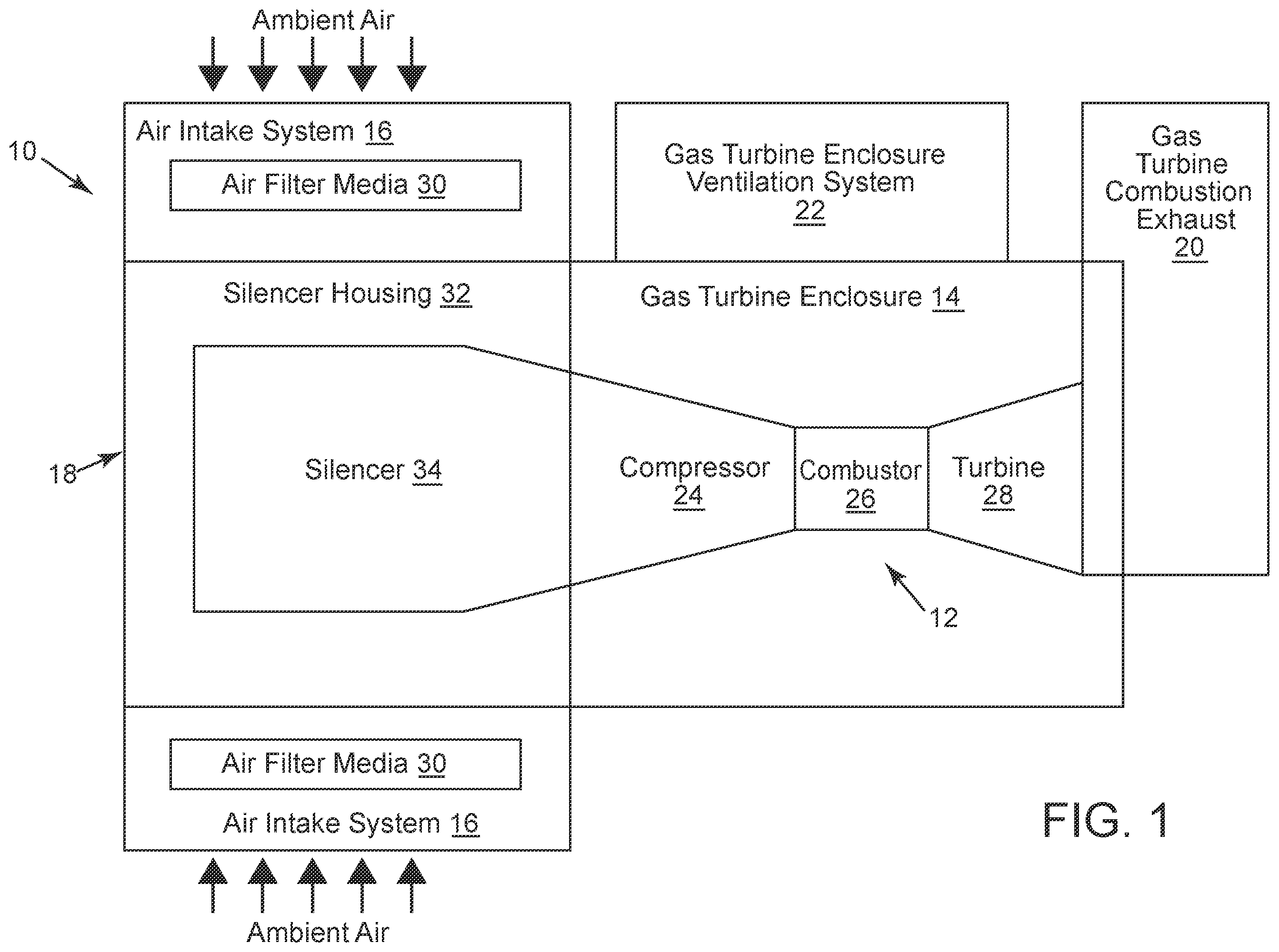 Patent US11815018 Figure 1 – Box-shaped air intake silencer with vertical baffles for gas turbine system