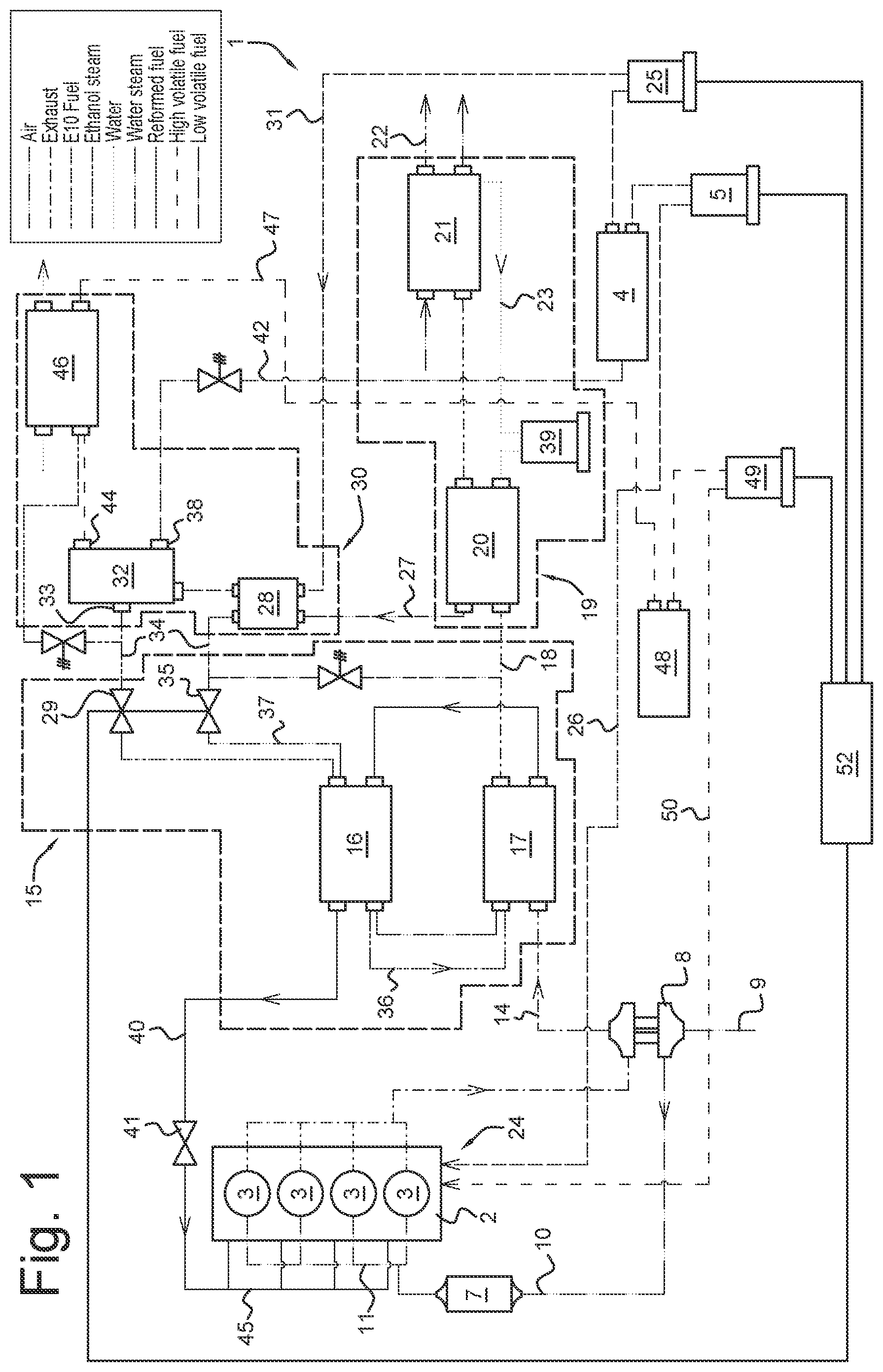Patent US11815038 — Combustion engine with a fuel reformer and distiller assembly — Figure 1