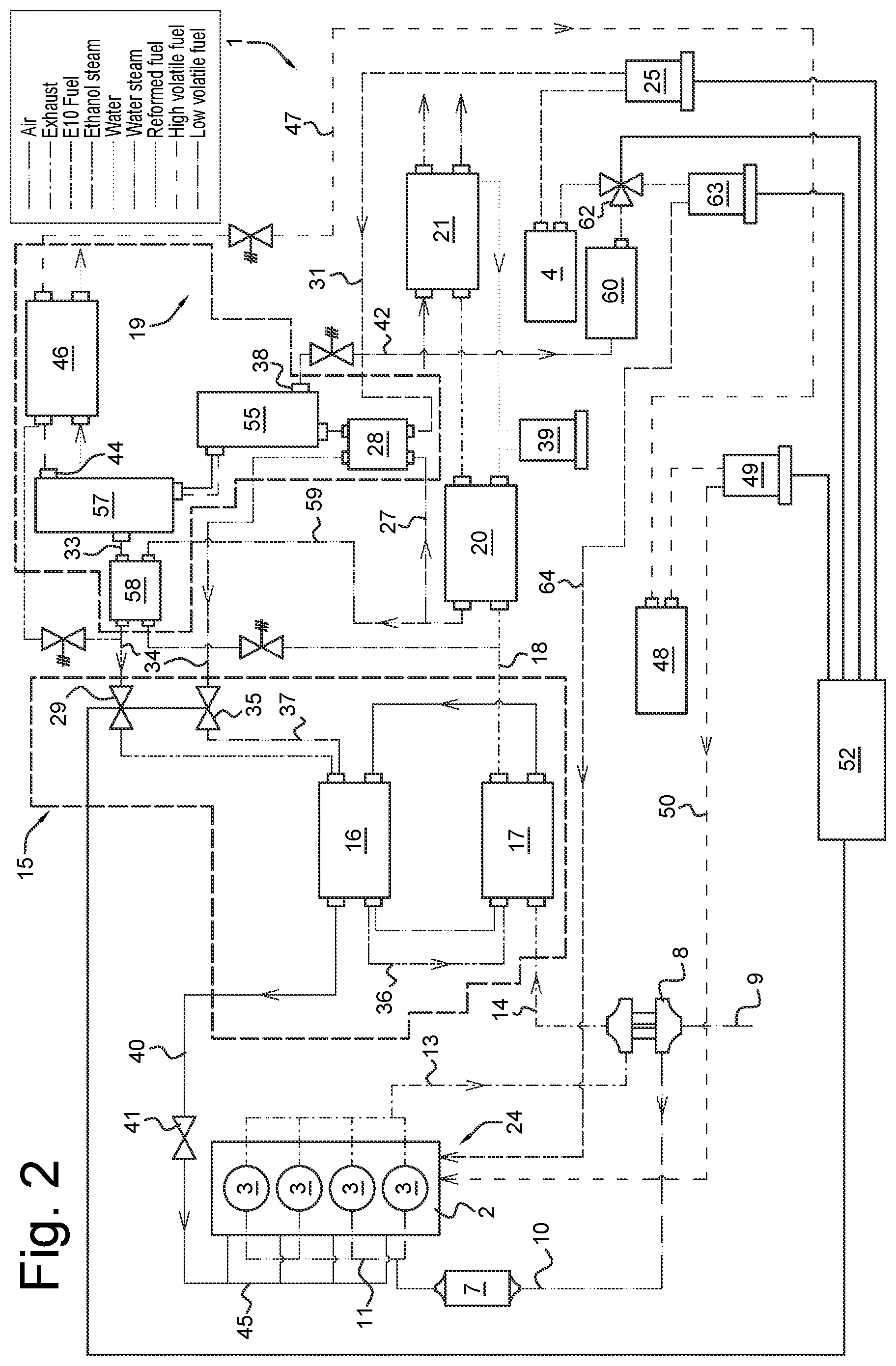 Patent US11815038 Figure 2 – Combustion engine with a fuel reformer and distiller assembly