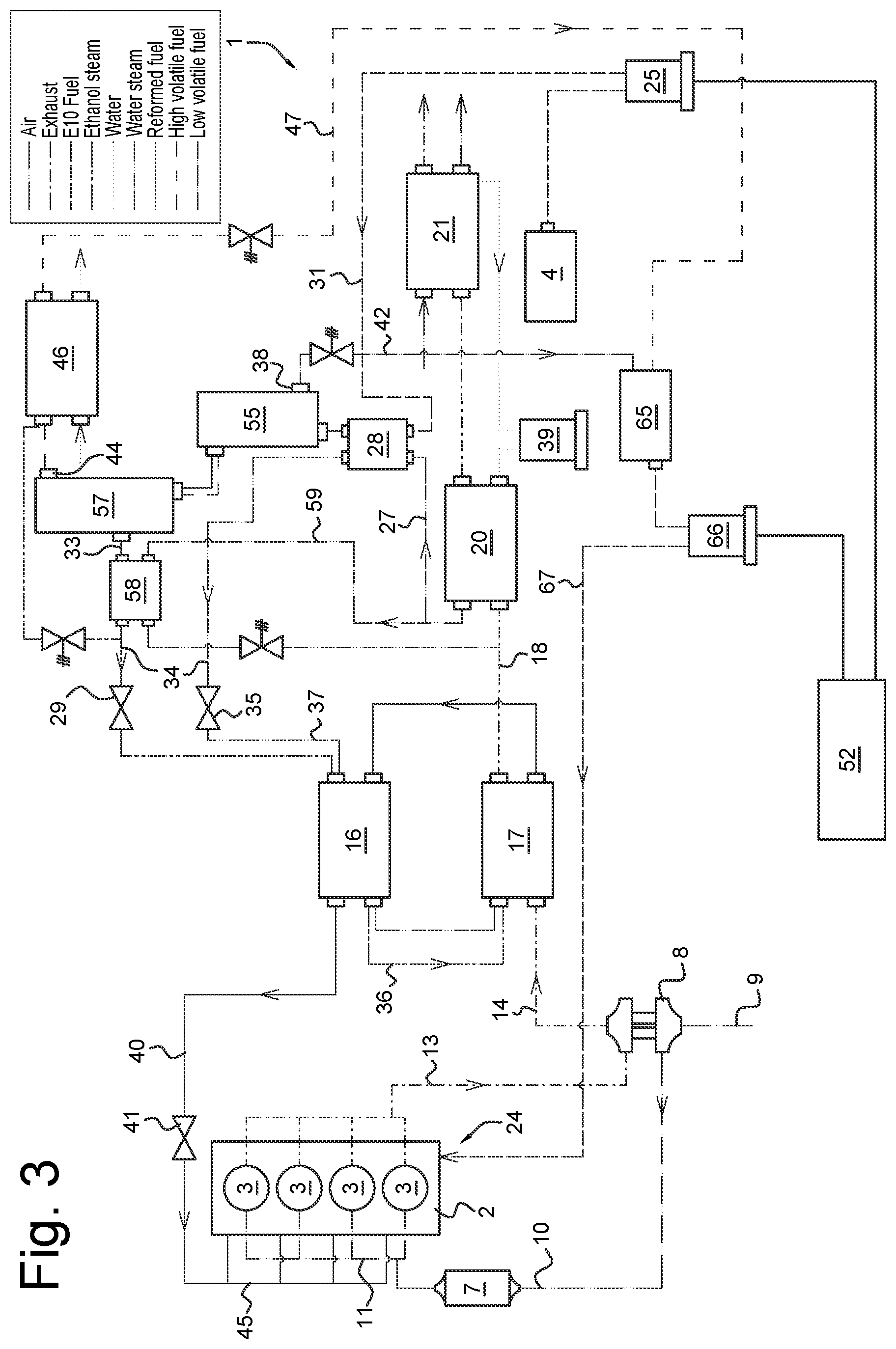 Patent US11815038 Figure 3 – Combustion engine with a fuel reformer and distiller assembly