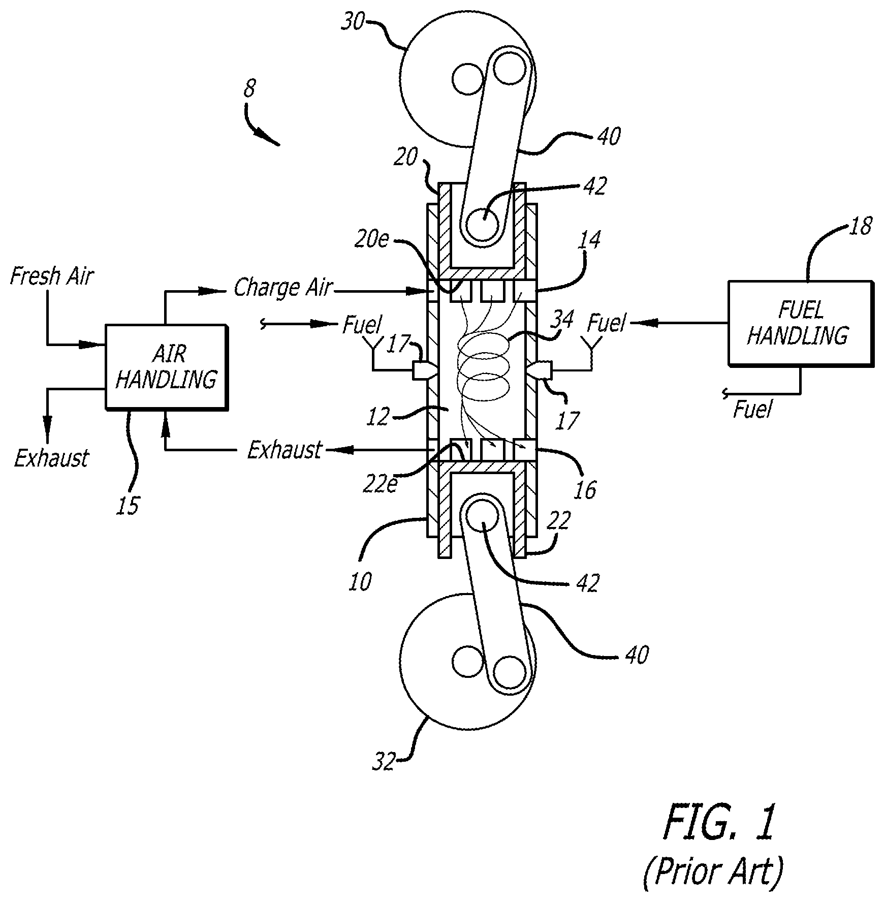 Patent US11815042 Figure 1 – Exhaust catalyst light-off in an opposed-piston engine