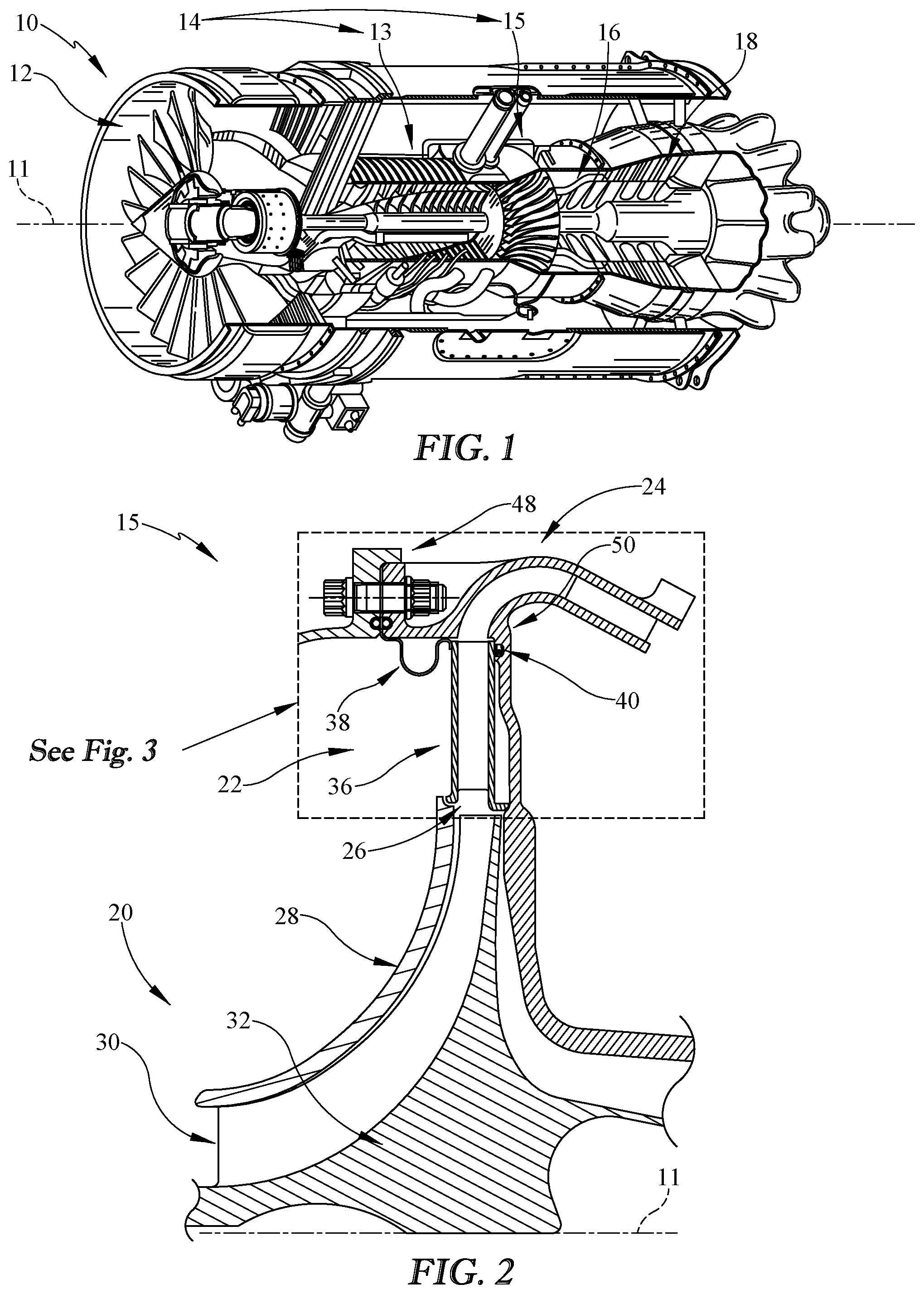 Patent US11815047 Figure 1 – Centrifugal compressor assembly for a gas turbine engine with deswirler having sealing features