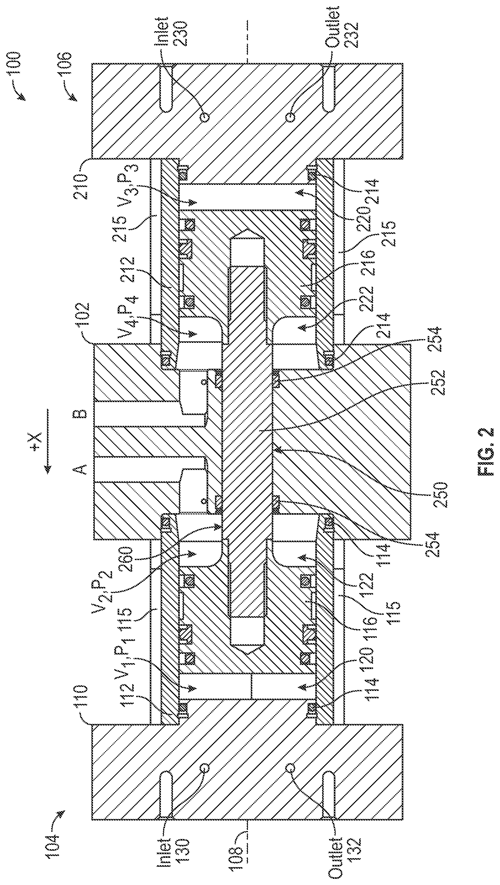 Patent US11815078 Figure 2 – Reciprocating piston pump comprising a housing defining a first chamber and a second chamber cooperating with a first piston and a second piston to define a third chamber and a fourth chamber