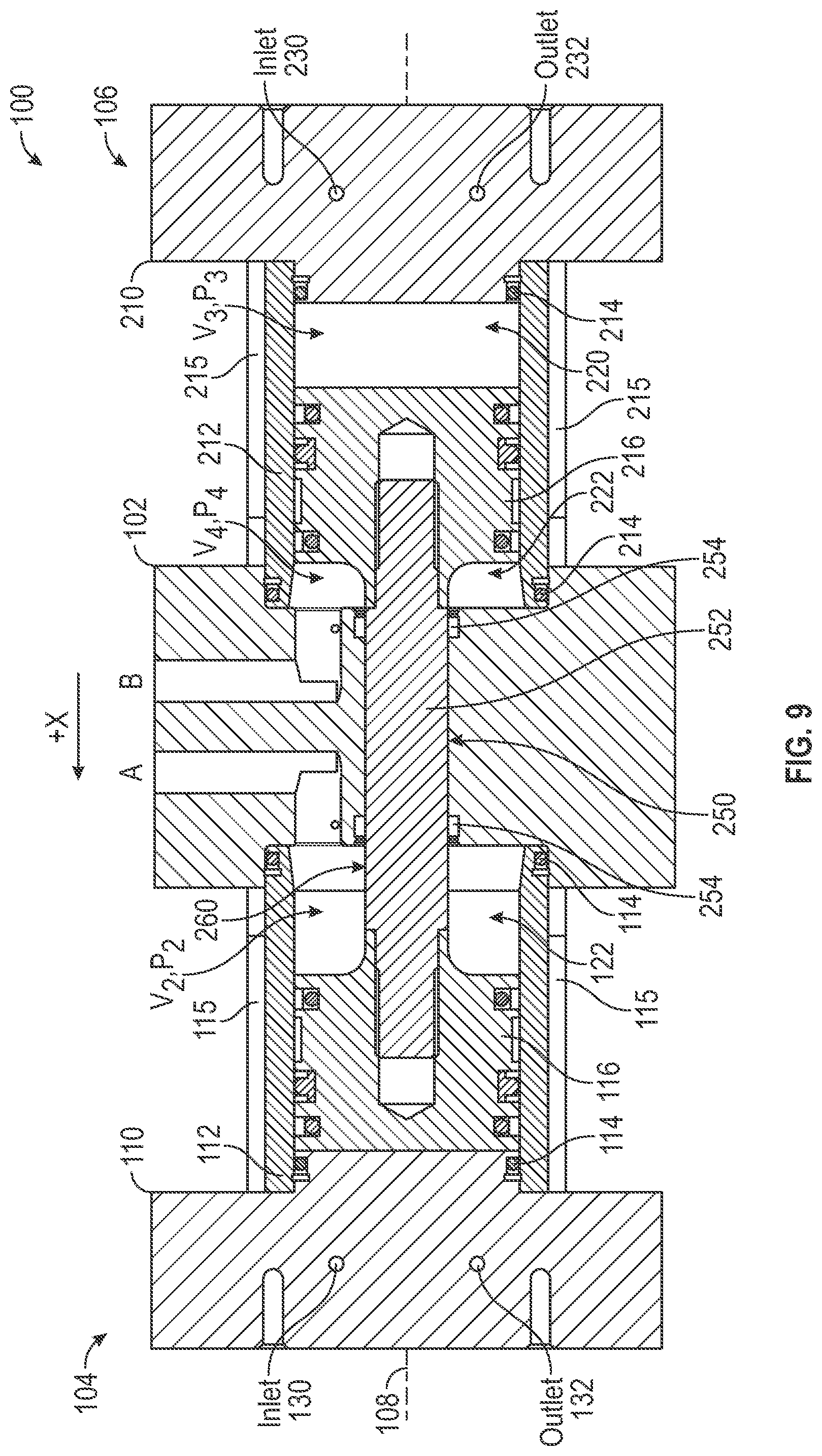 Patent US11815078 Figure 5 – Reciprocating piston pump comprising a housing defining a first chamber and a second chamber cooperating with a first piston and a second piston to define a third chamber and a fourth chamber