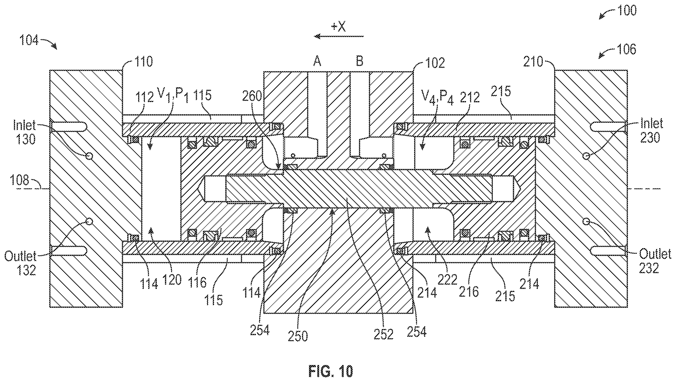 Patent US11815078 Figure 6 – Reciprocating piston pump comprising a housing defining a first chamber and a second chamber cooperating with a first piston and a second piston to define a third chamber and a fourth chamber