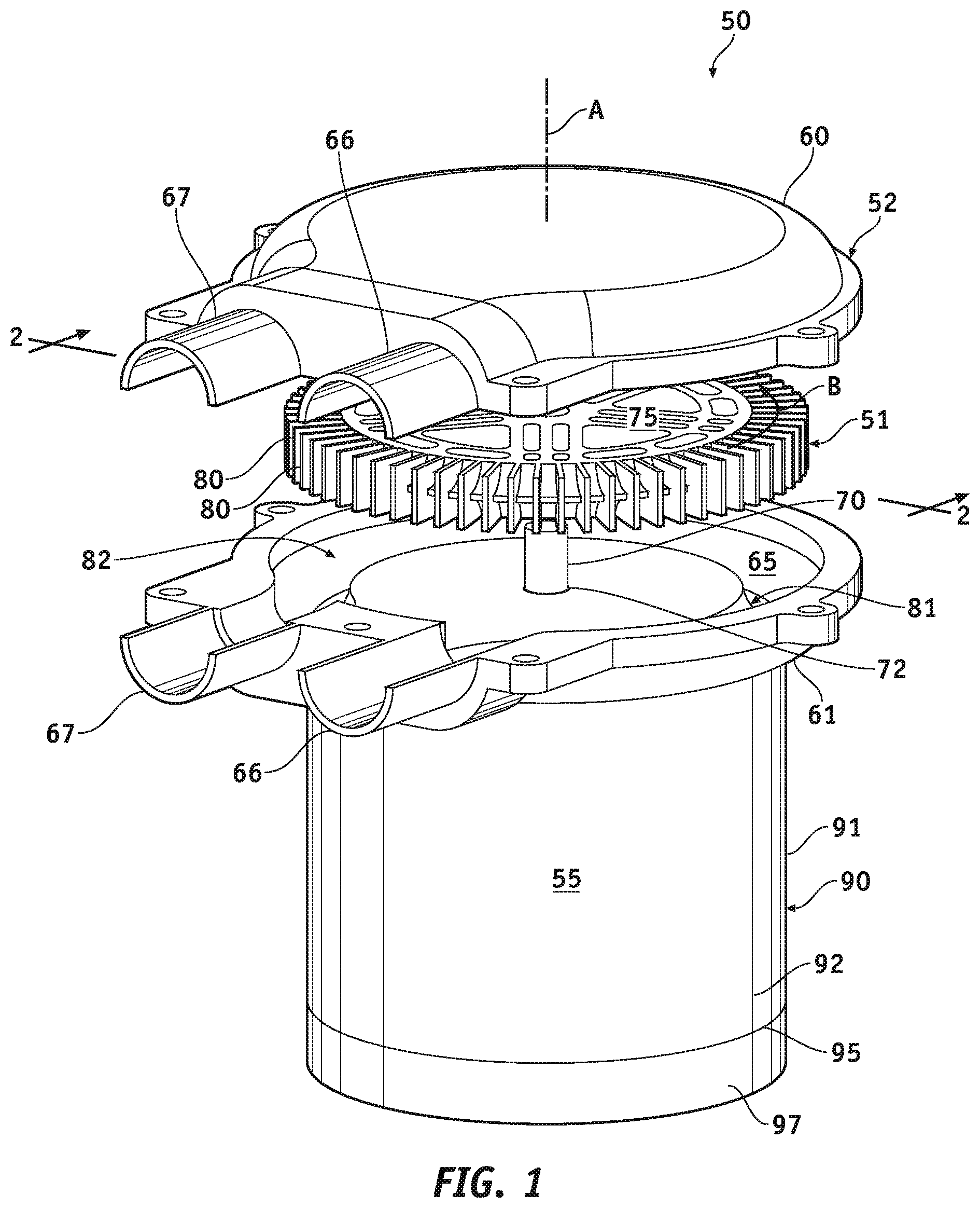 Patent US11815105 Figure 1 – Regenerative blowers-compressors with shaft bypass fluid re-vents